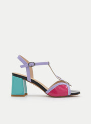 MULTI-COLOURED LILAC BLOCK HEEL SANDALS WITH A T-BAR STRAP