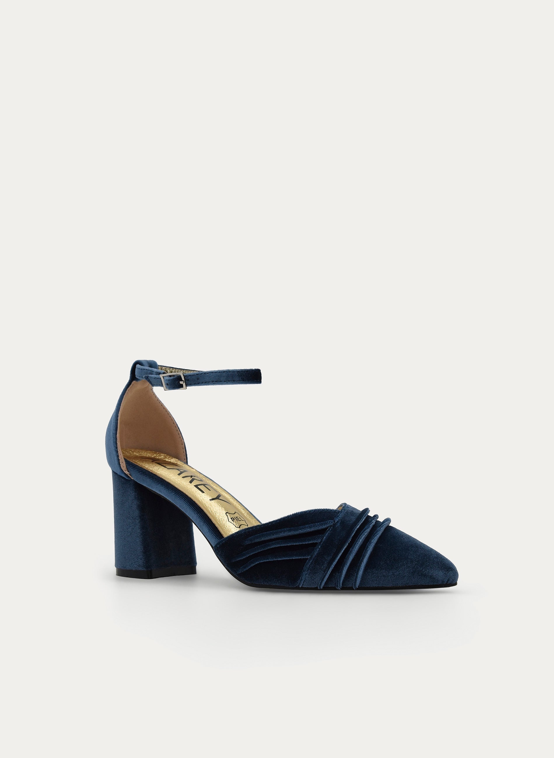 ZAPATOS DE SALÓN DE TERCIOPELO AZUL CON CORREA AL TOBILLO