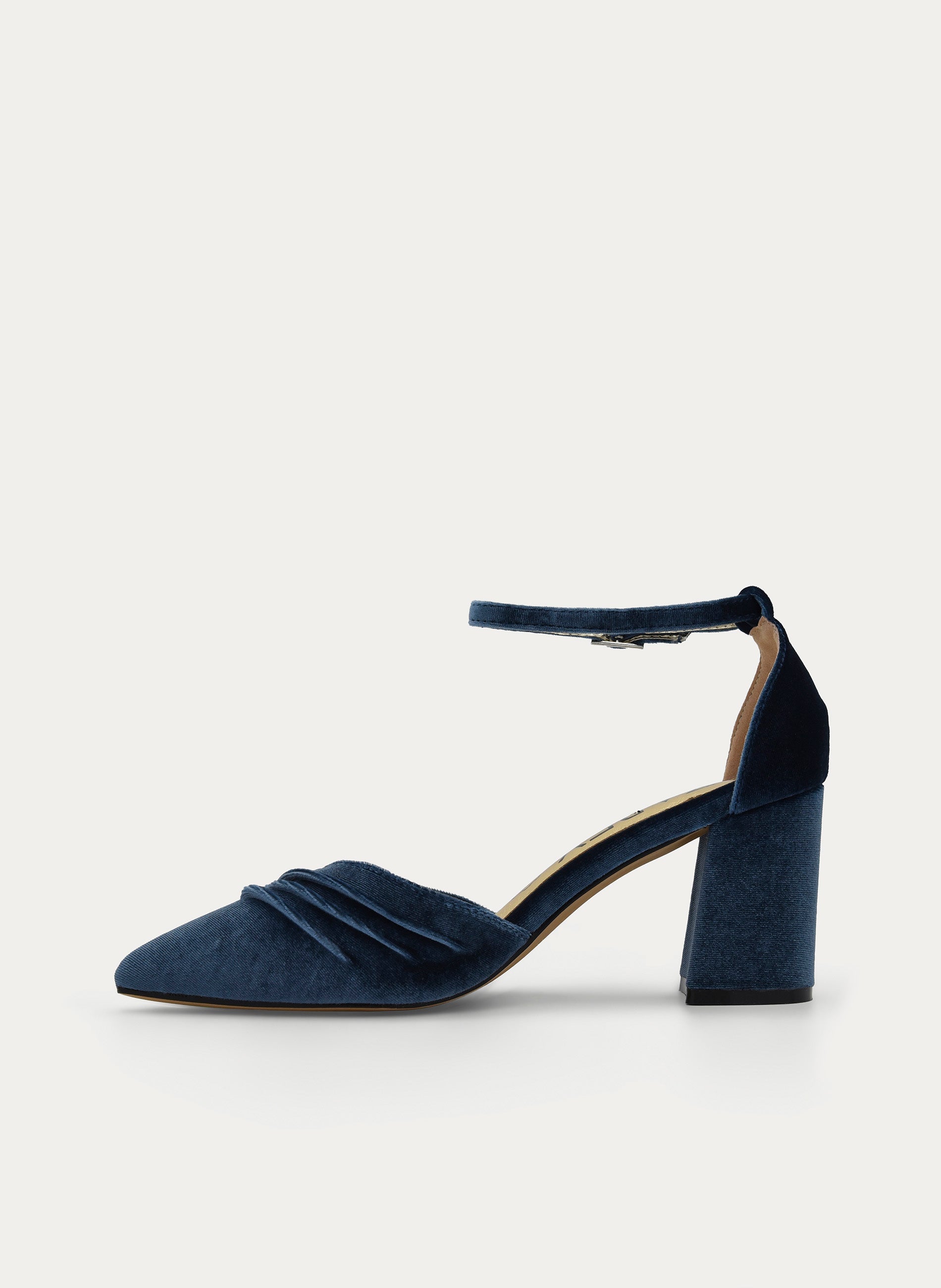 ZAPATOS DE SALÓN DE TERCIOPELO AZUL CON CORREA AL TOBILLO