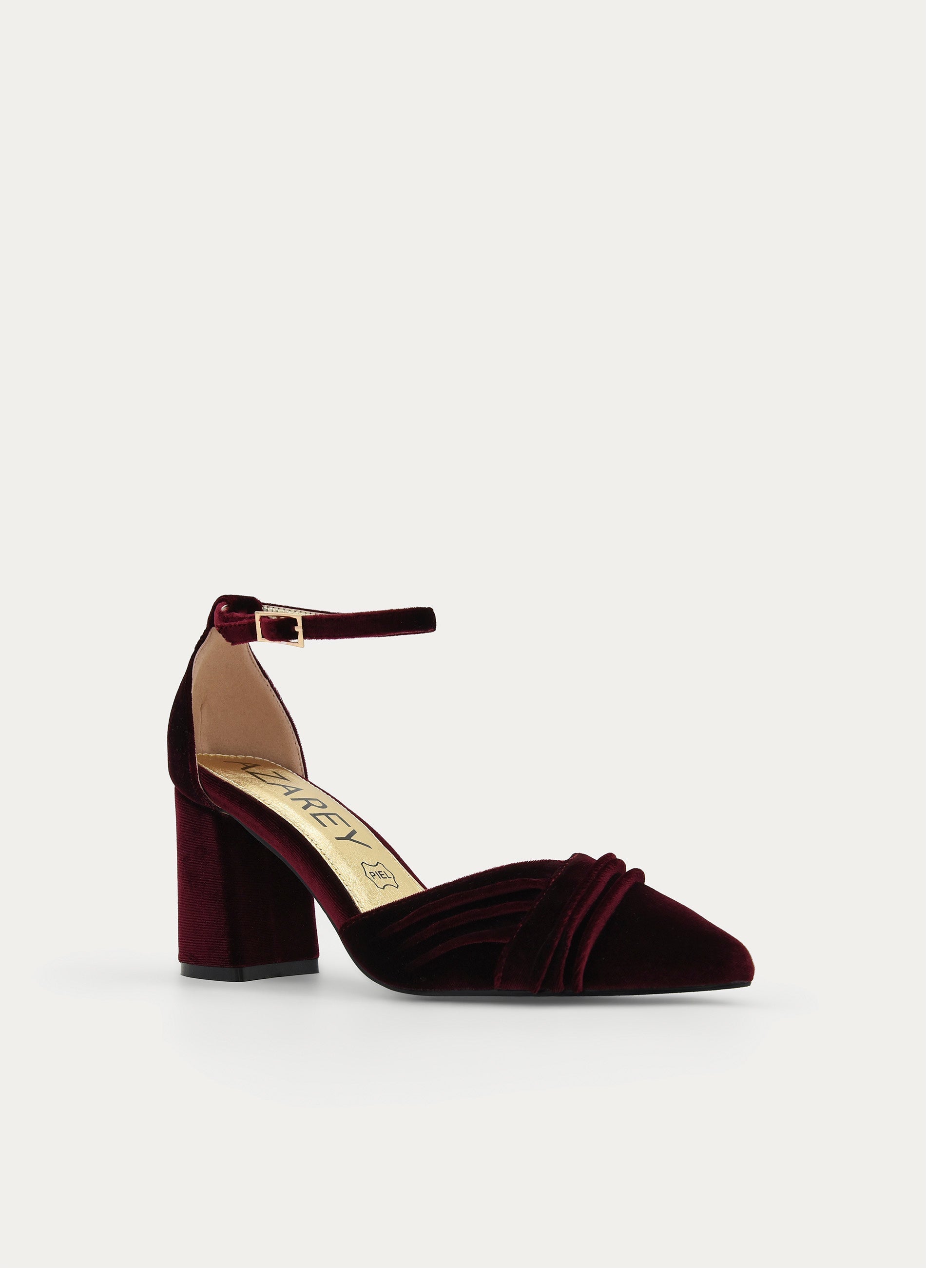 ZAPATOS DE SALÓN DE TERCIOPELO BURDEOS CON CORREA AL TOBILLO
