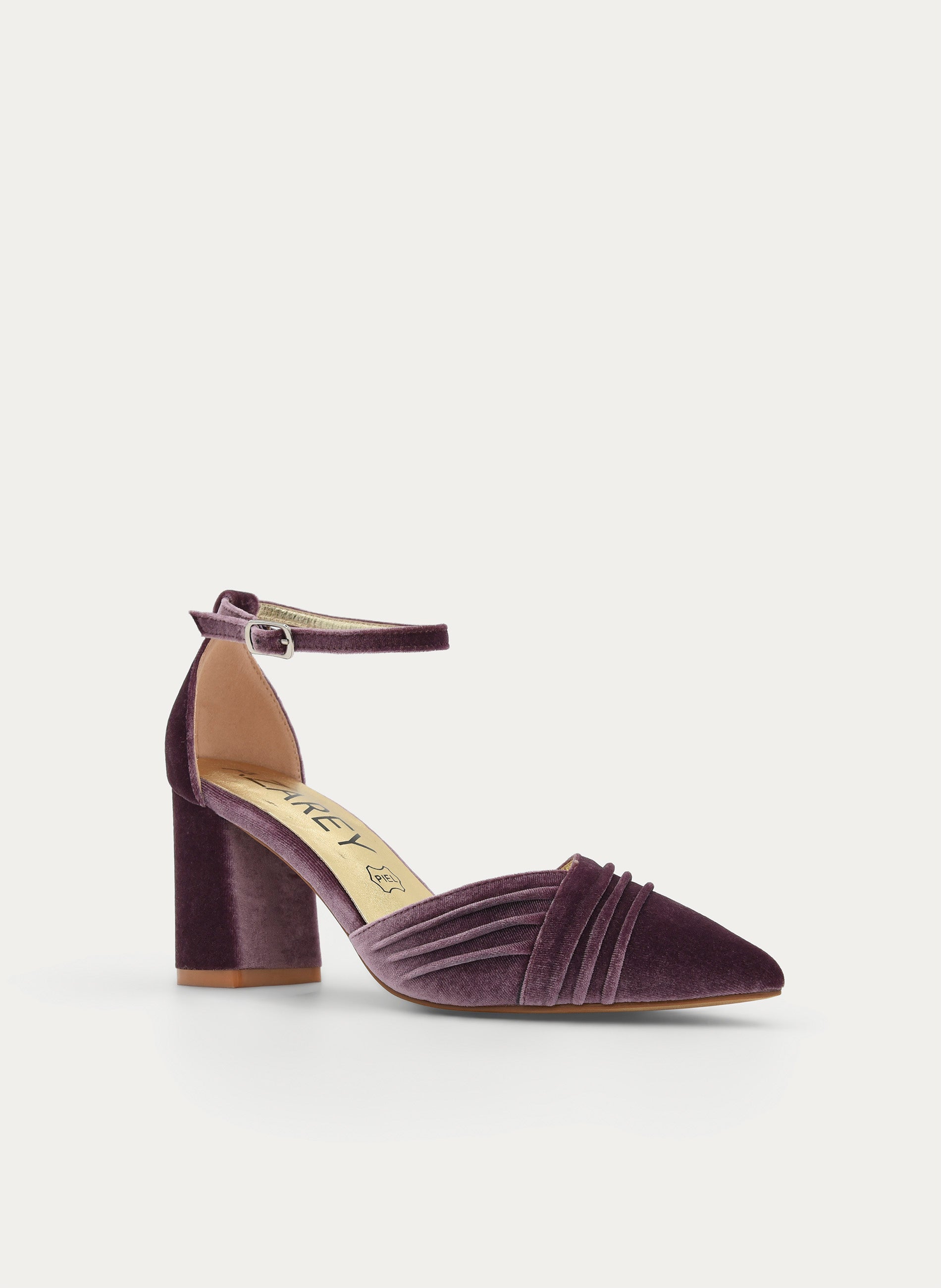 ZAPATOS DE SALÓN DE TERCIOPELO MALVA CON CORREA AL TOBILLO
