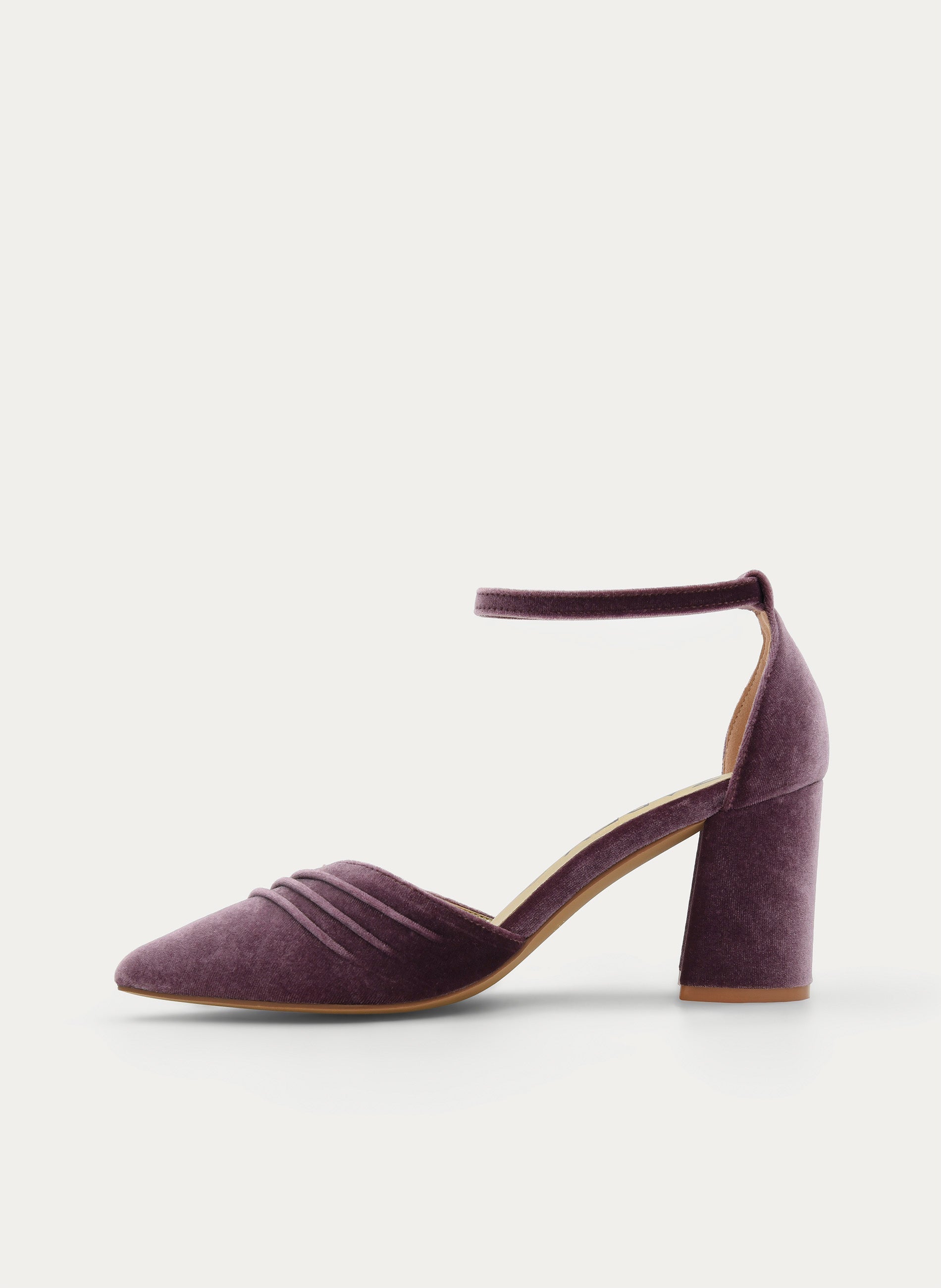 ZAPATOS DE SALÓN DE TERCIOPELO MALVA CON CORREA AL TOBILLO