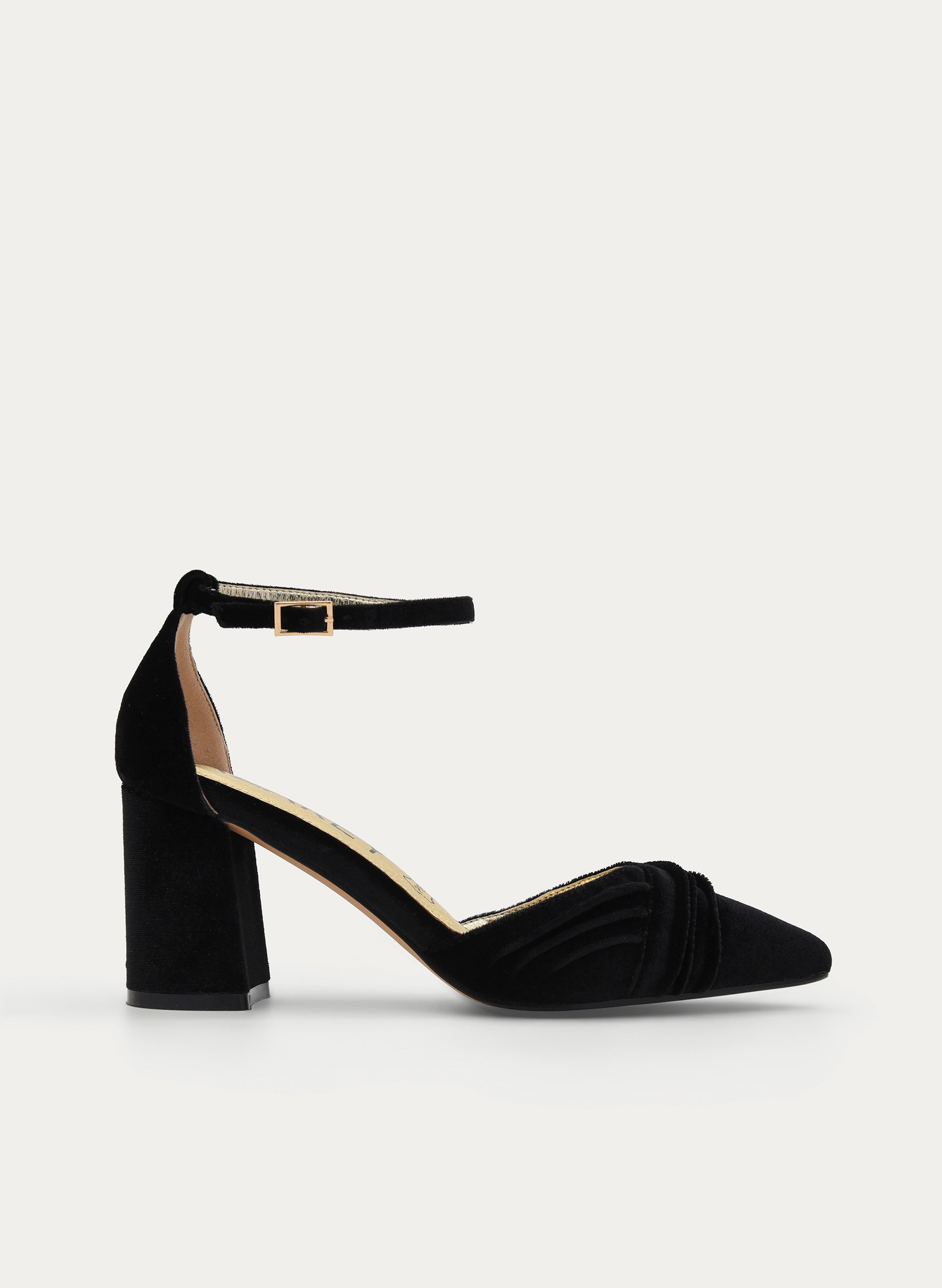 ZAPATOS DE SALÓN DE TERCIOPELO NEGRO CON CORREA AL TOBILLO