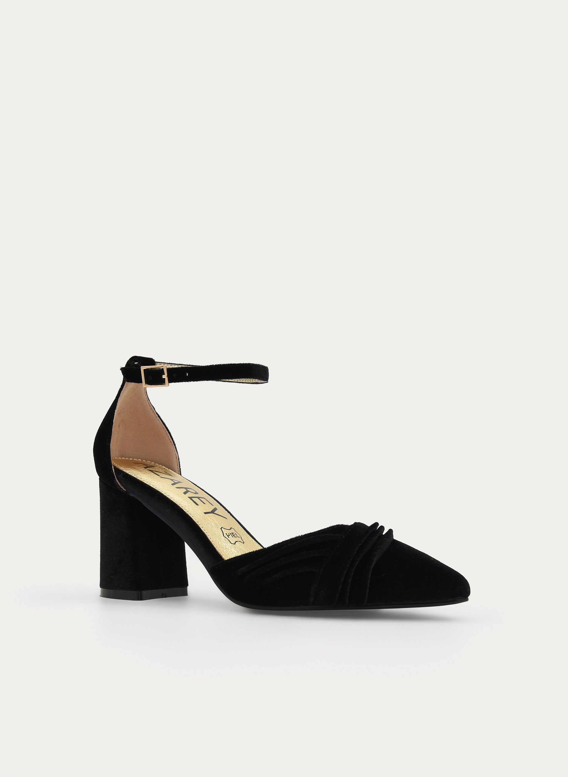 ZAPATOS DE SALÓN DE TERCIOPELO NEGRO CON CORREA AL TOBILLO