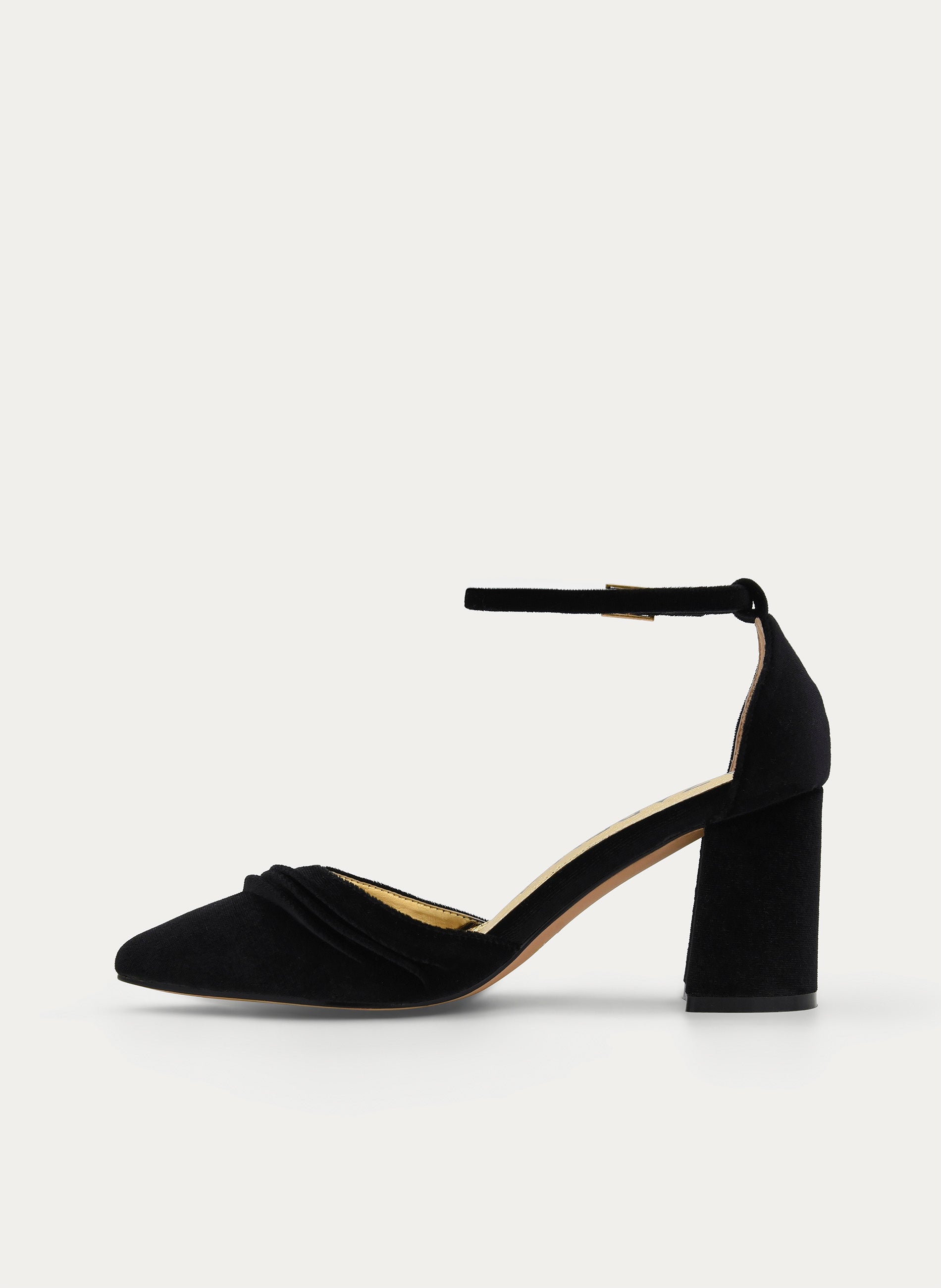 ZAPATOS DE SALÓN DE TERCIOPELO NEGRO CON CORREA AL TOBILLO