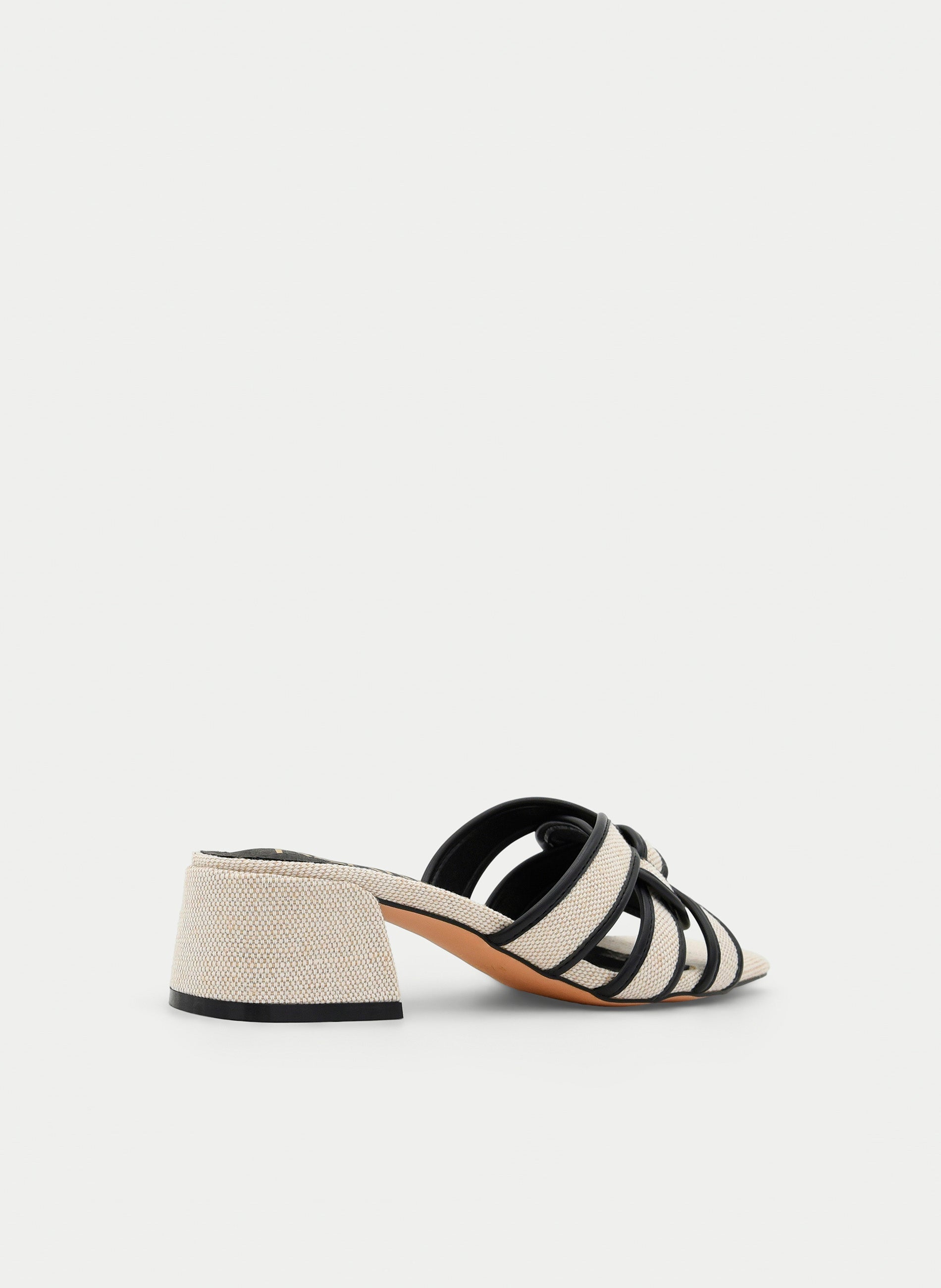 BEIGE HEELED SANDAL WITH BLACK STRAPS AND CENTRAL KNOT