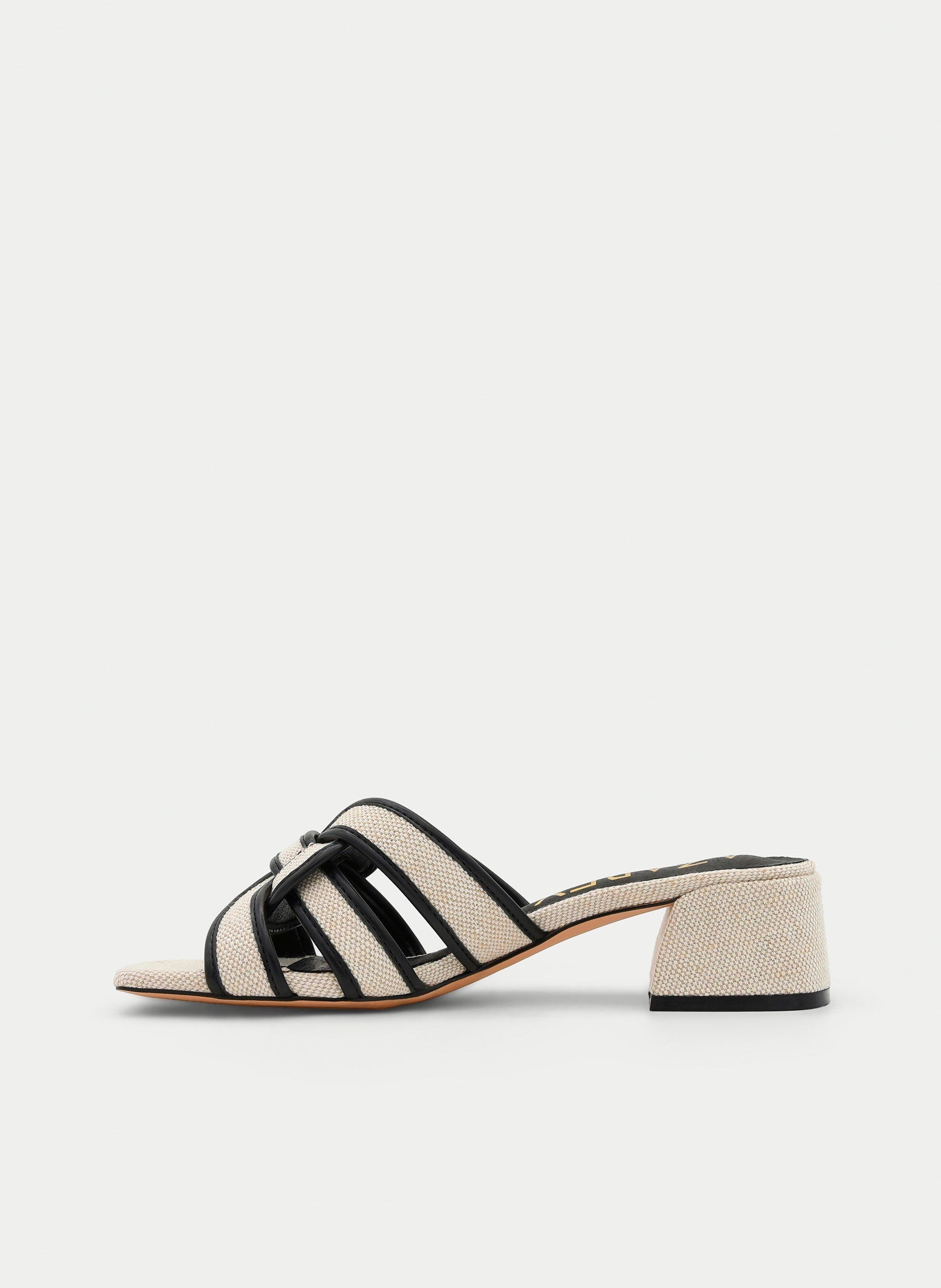 BEIGE HEELED SANDAL WITH BLACK STRAPS AND CENTRAL KNOT