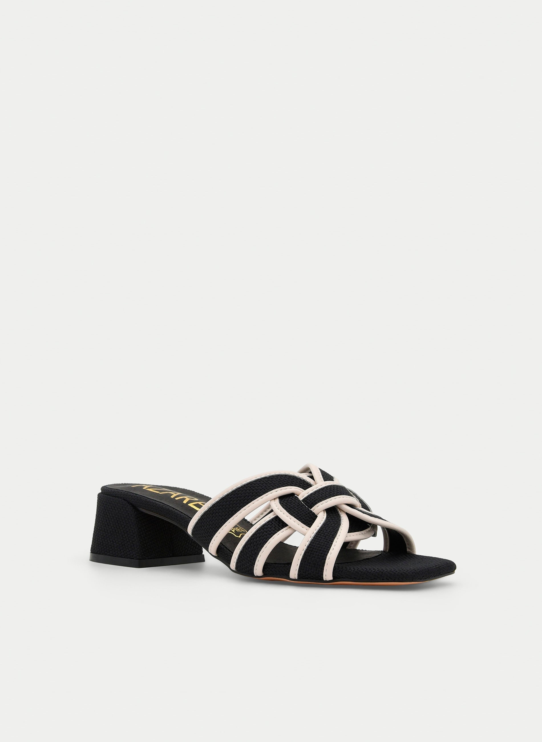 BLACK HEEL SANDAL WITH BEIGE STRAPS AND CENTRAL KNOT