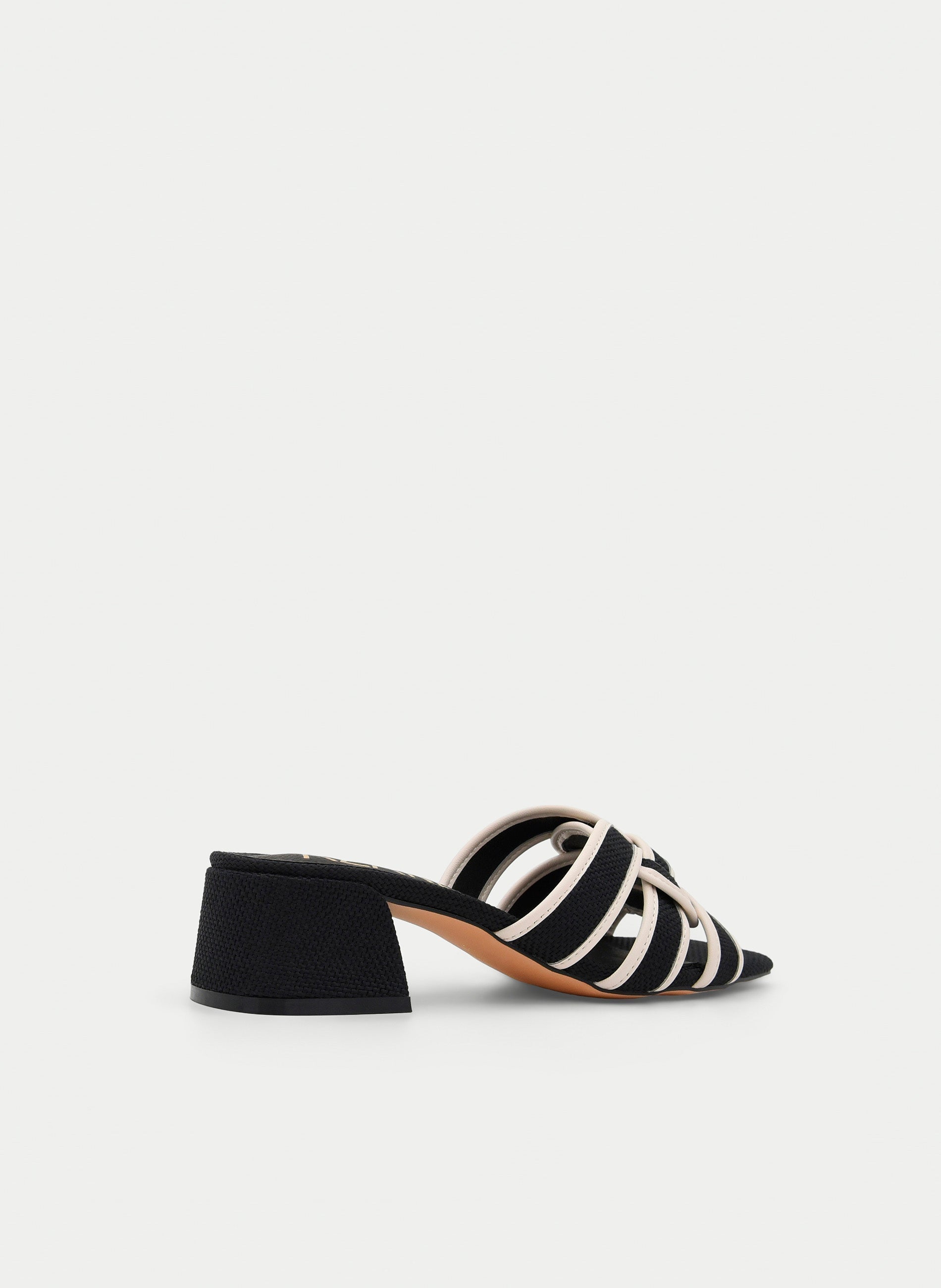 BLACK HEEL SANDAL WITH BEIGE STRAPS AND CENTRAL KNOT