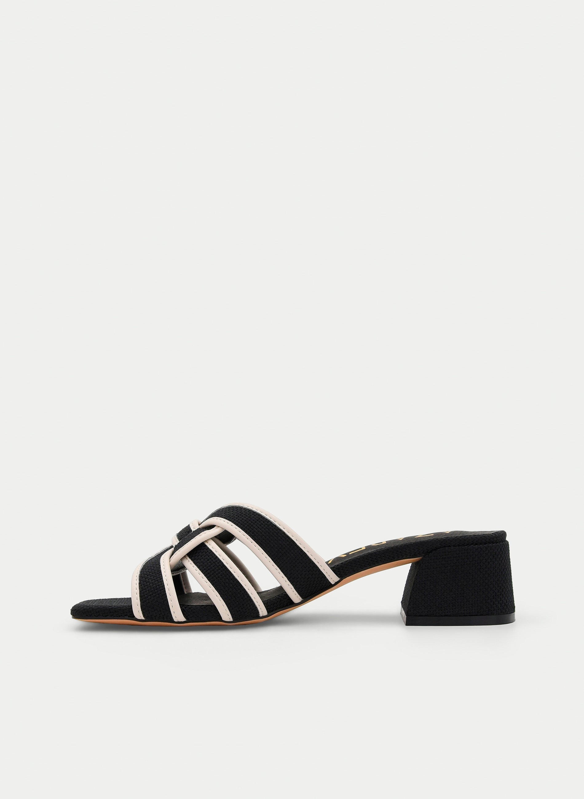 BLACK HEEL SANDAL WITH BEIGE STRAPS AND CENTRAL KNOT