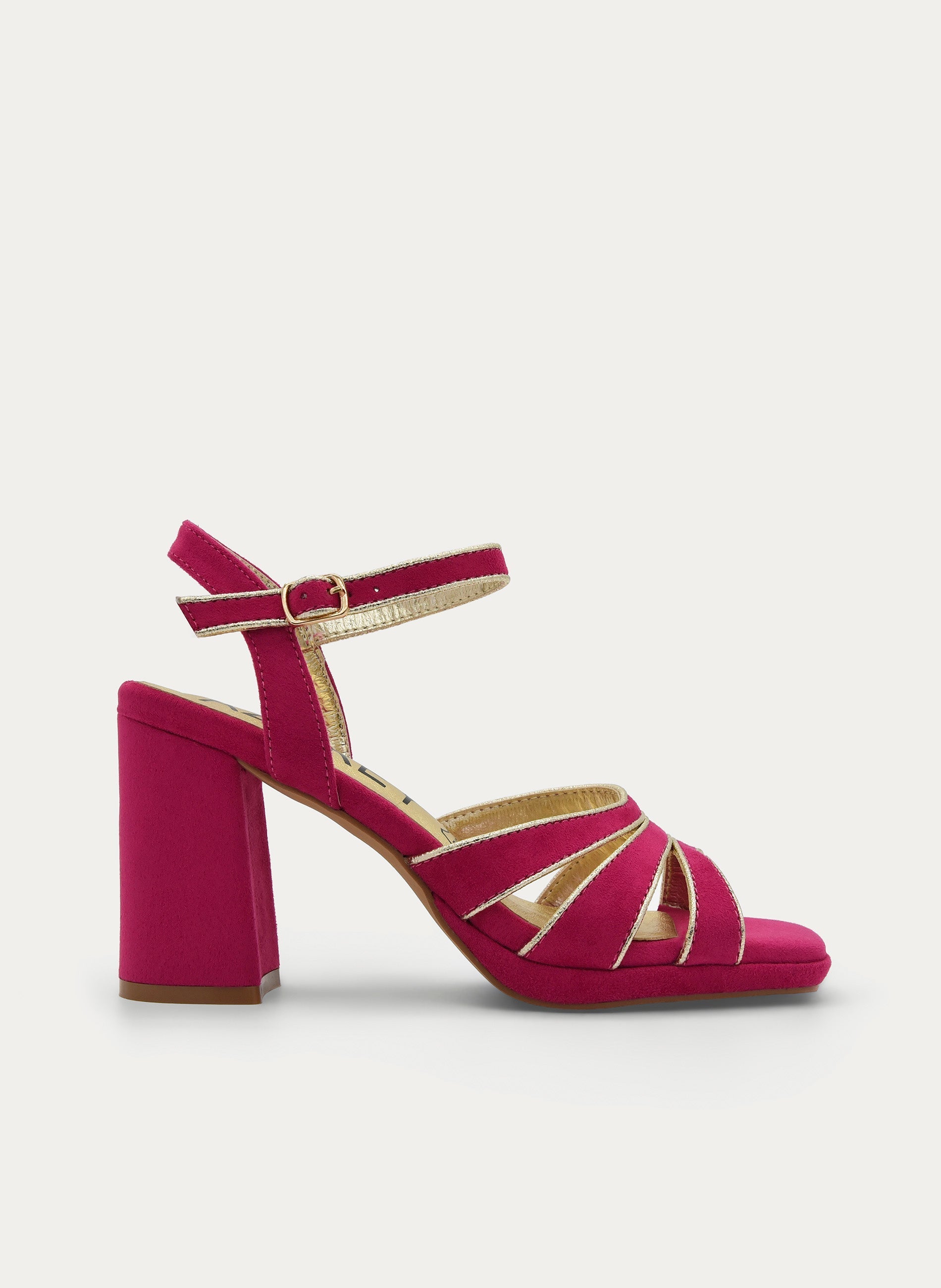 FUCHSIA SANDAL WITH GOLD DETAIL, BLOCK HEEL AND PLATFORM