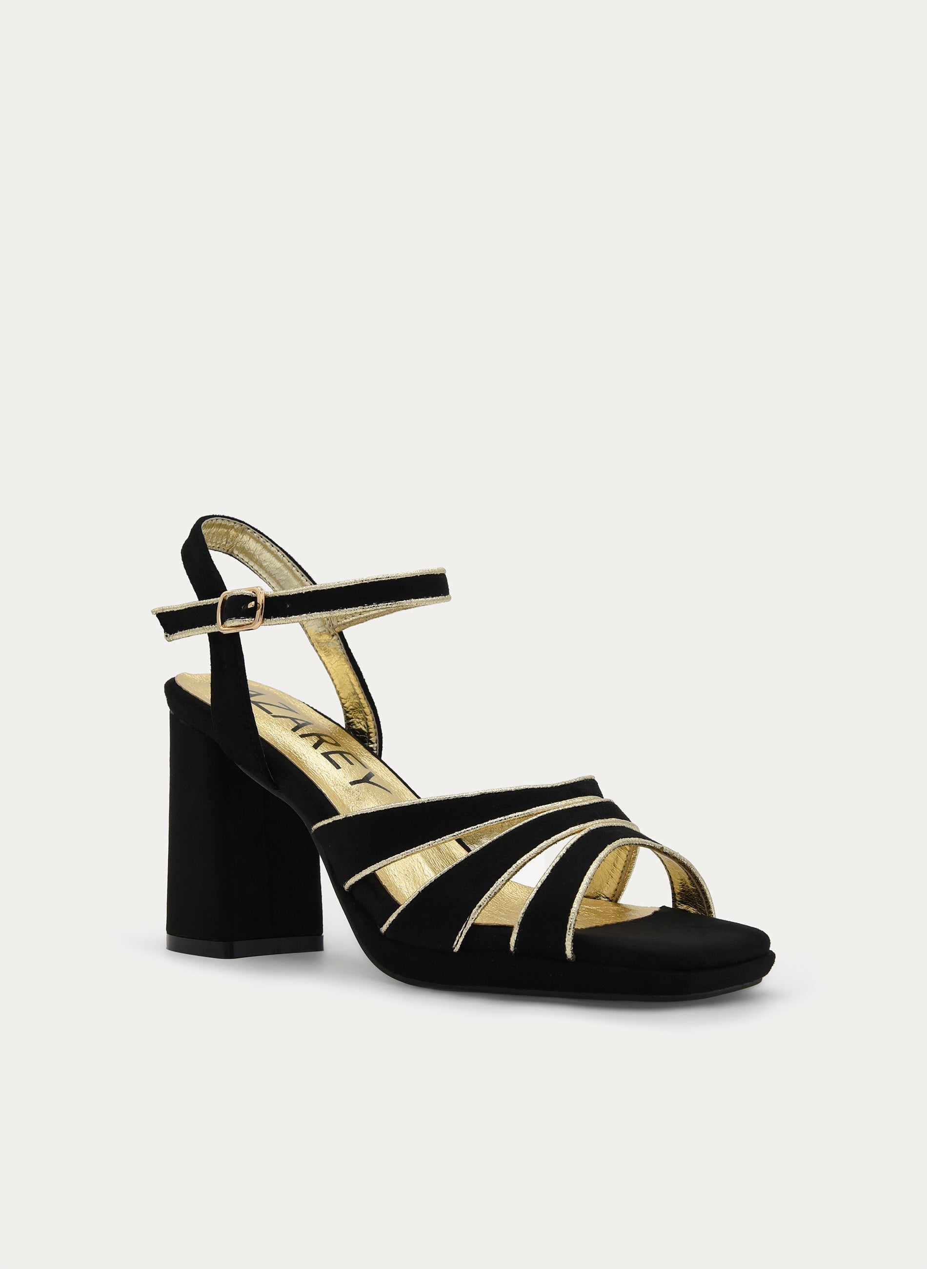 BLACK SANDAL WITH GOLD DETAIL, BLOCK HEEL AND PLATFORM