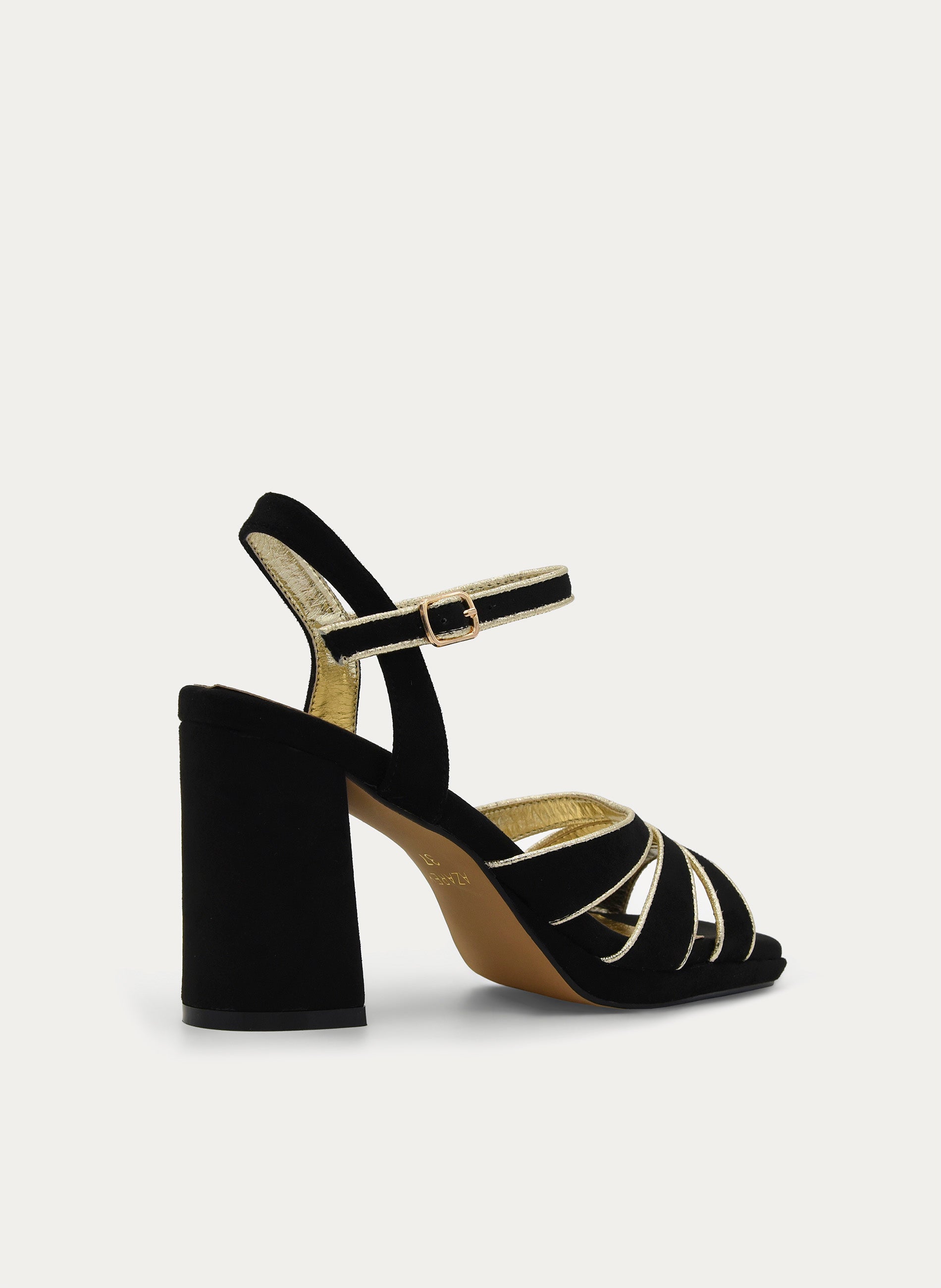 BLACK SANDAL WITH GOLD DETAIL, BLOCK HEEL AND PLATFORM