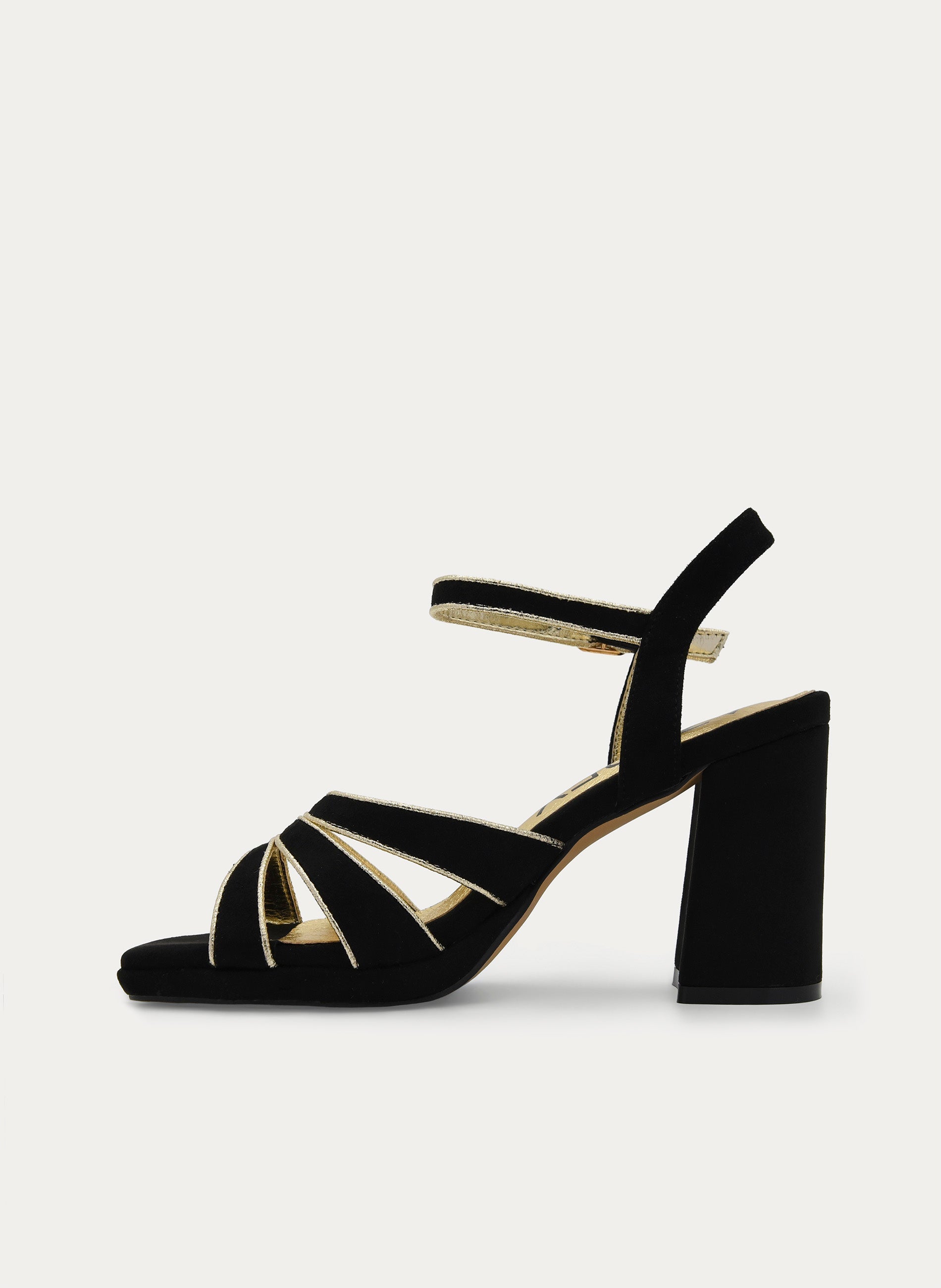 BLACK SANDAL WITH GOLD DETAIL, BLOCK HEEL AND PLATFORM