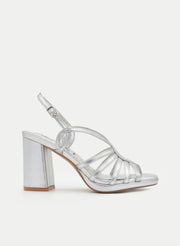 METALLIC SILVER BLOCK HEEL SANDAL WITH STRAPS
