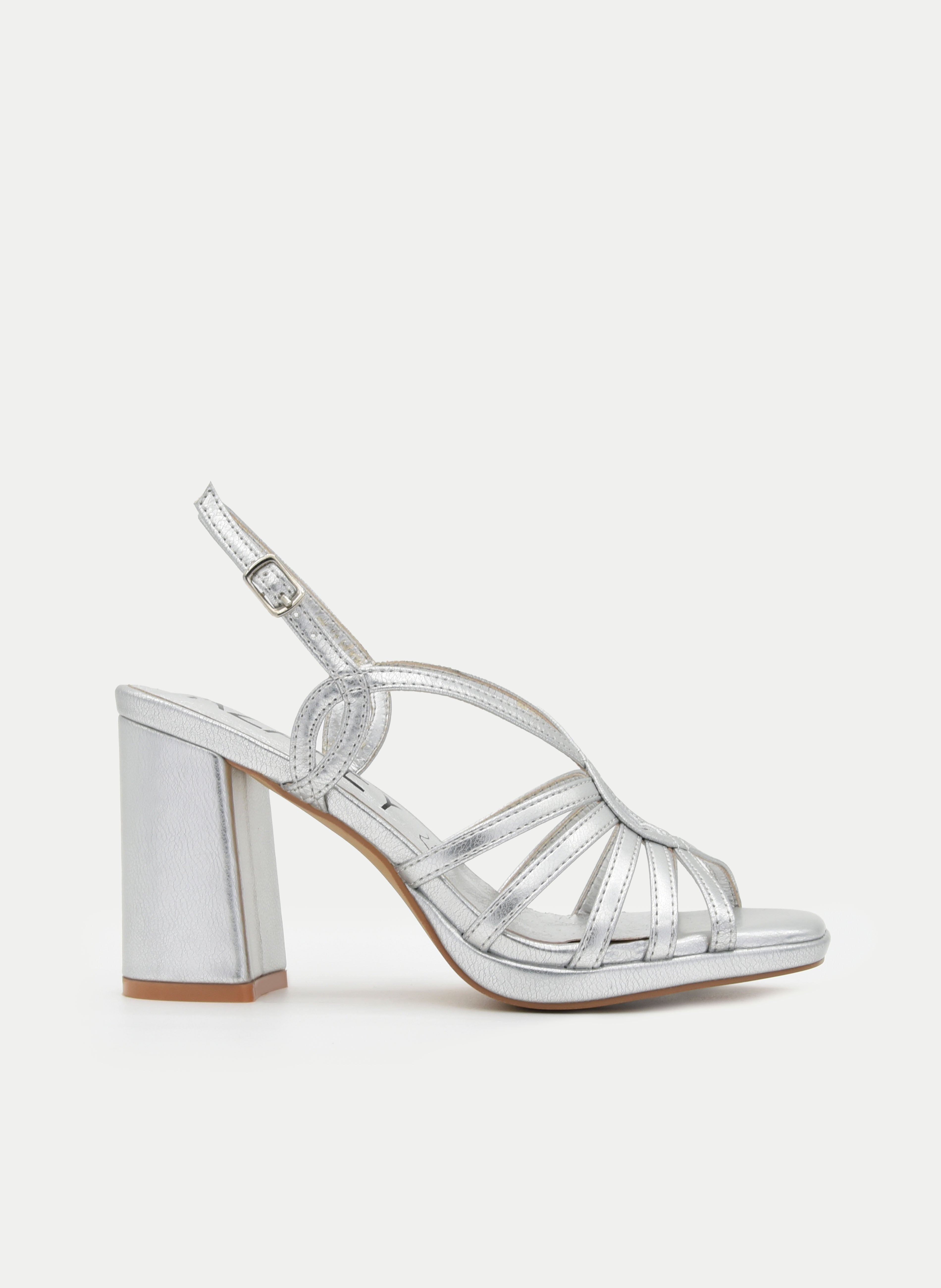METALLIC SILVER BLOCK HEEL SANDAL WITH STRAPS