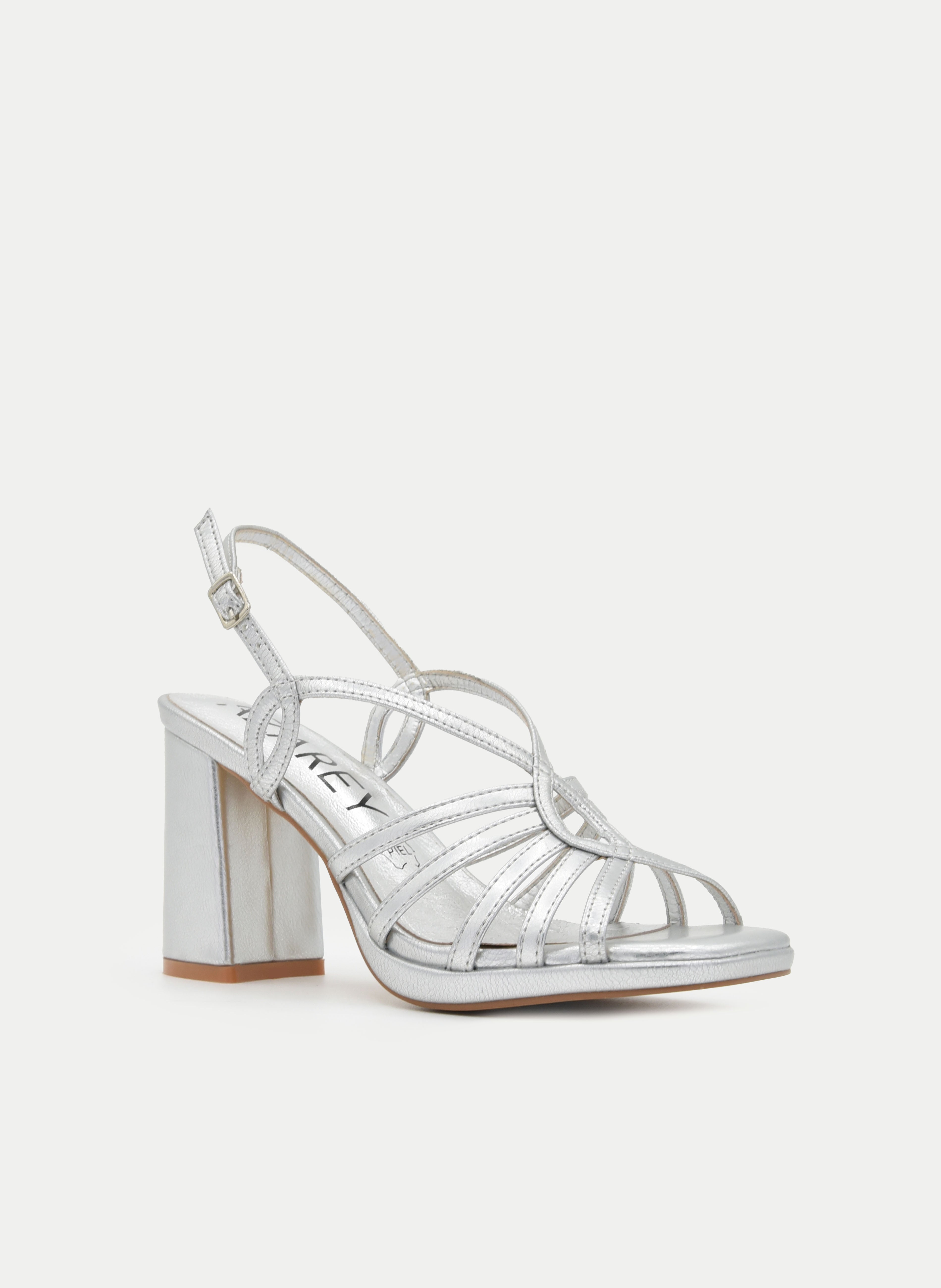 METALLIC SILVER BLOCK HEEL SANDAL WITH STRAPS