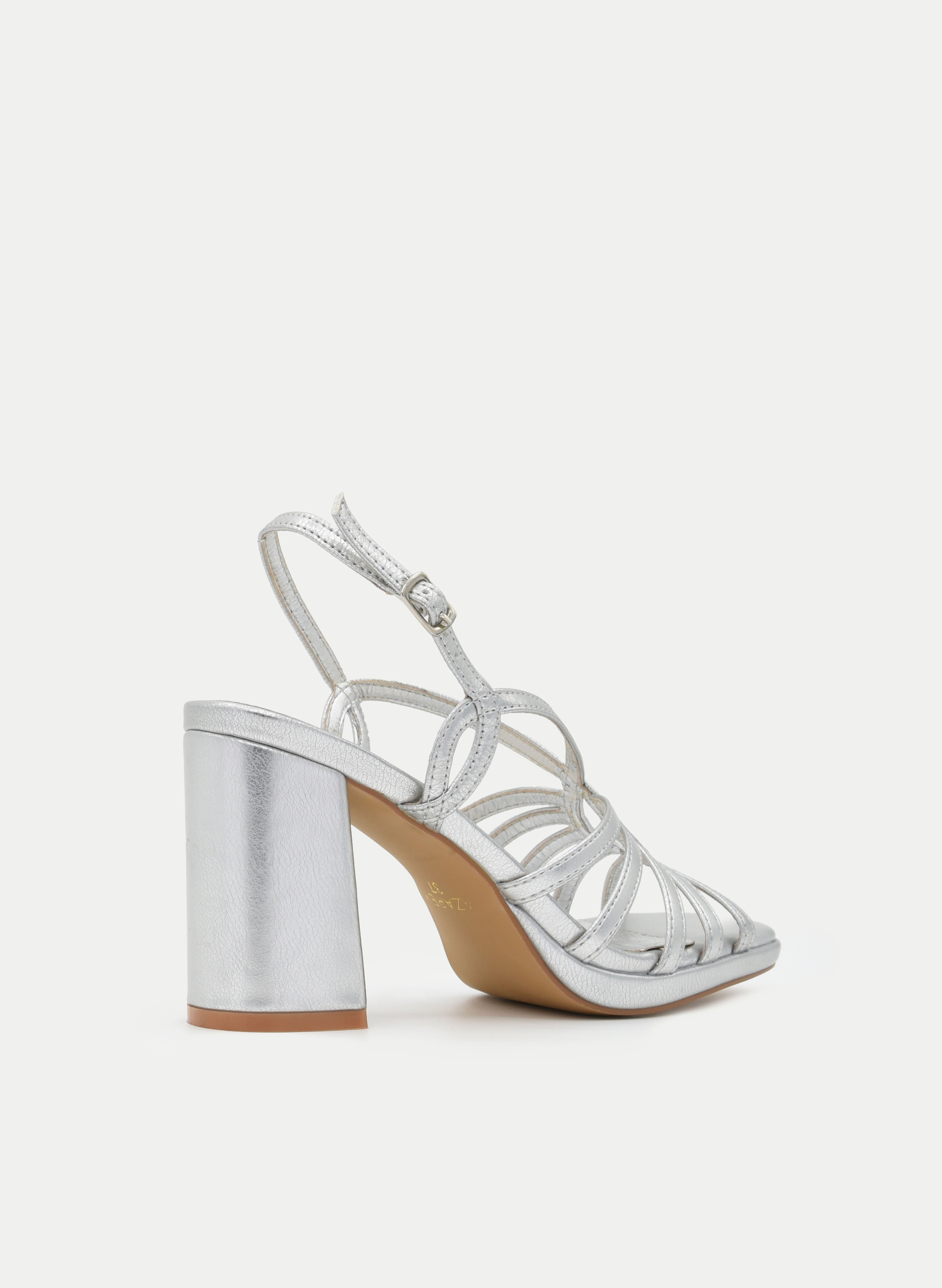 METALLIC SILVER BLOCK HEEL SANDAL WITH STRAPS