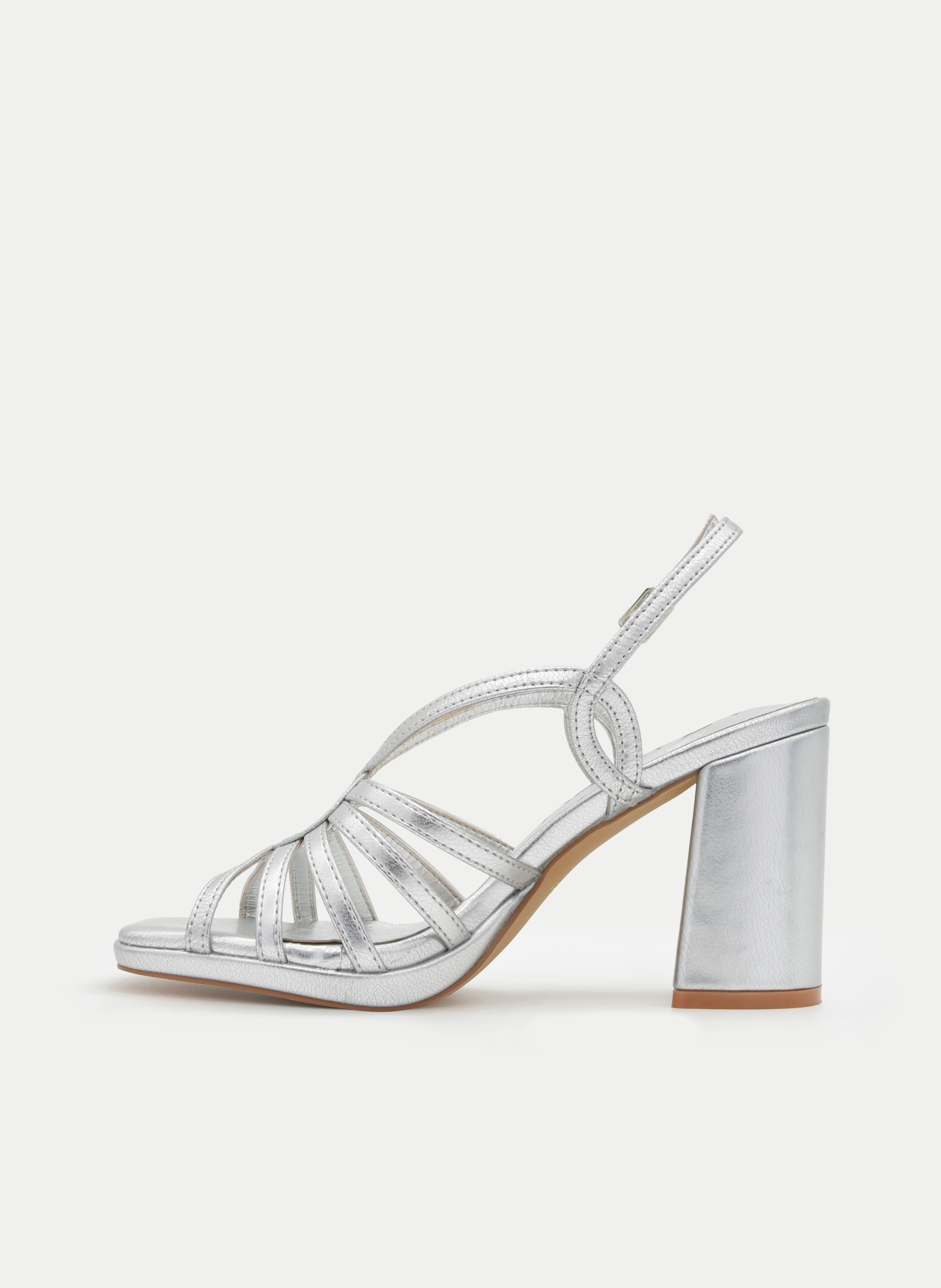 METALLIC SILVER BLOCK HEEL SANDAL WITH STRAPS