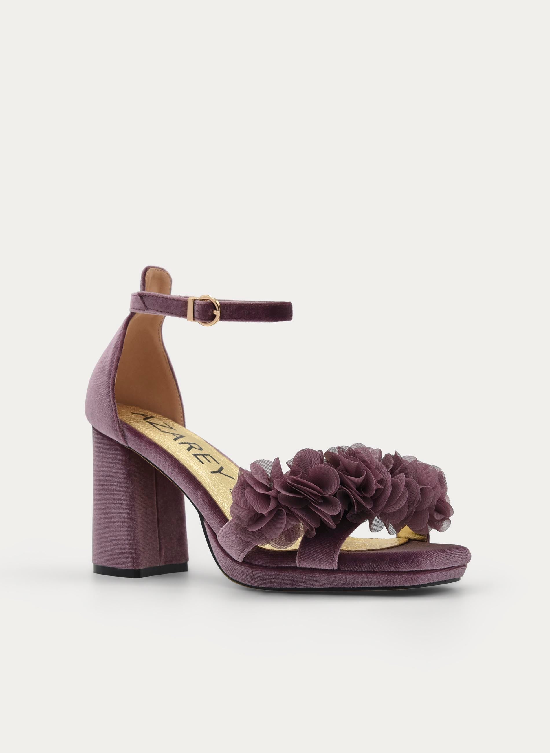 SANDALIAS CON PLATAFORMA EN TERCIOPELO DE PLATAFORMA MALVA CON FLORES Y TACÓN ANCHO