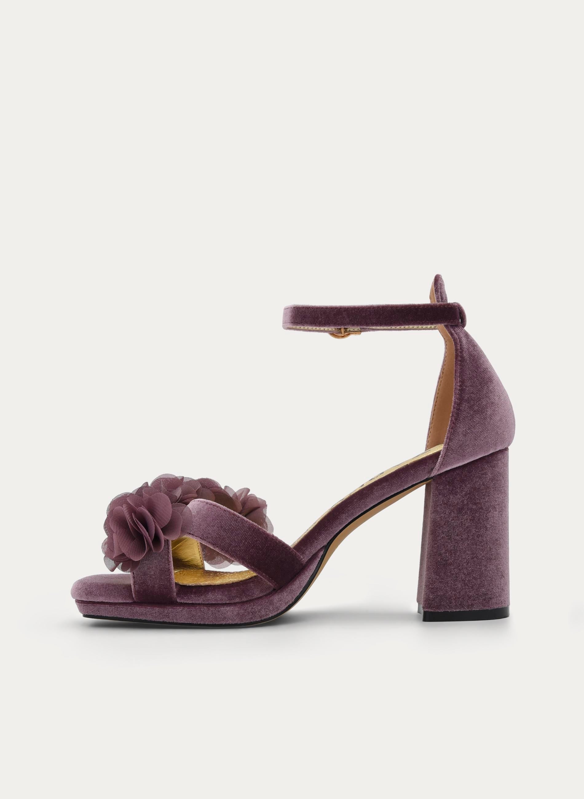 SANDALIAS CON PLATAFORMA EN TERCIOPELO DE PLATAFORMA MALVA CON FLORES Y TACÓN ANCHO