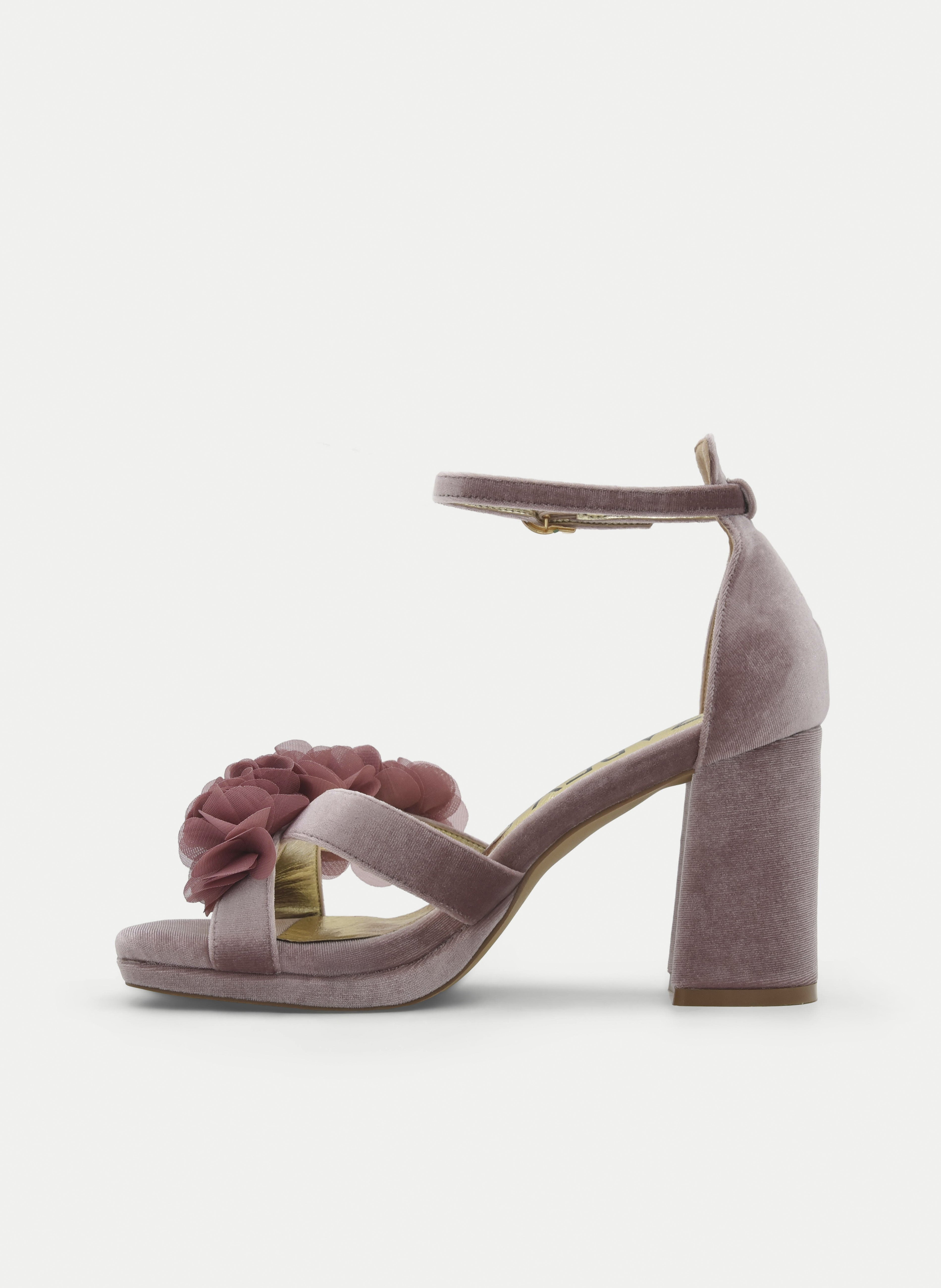 PINK VELVET PLATFORM HEEL SANDAL WITH FLOWER