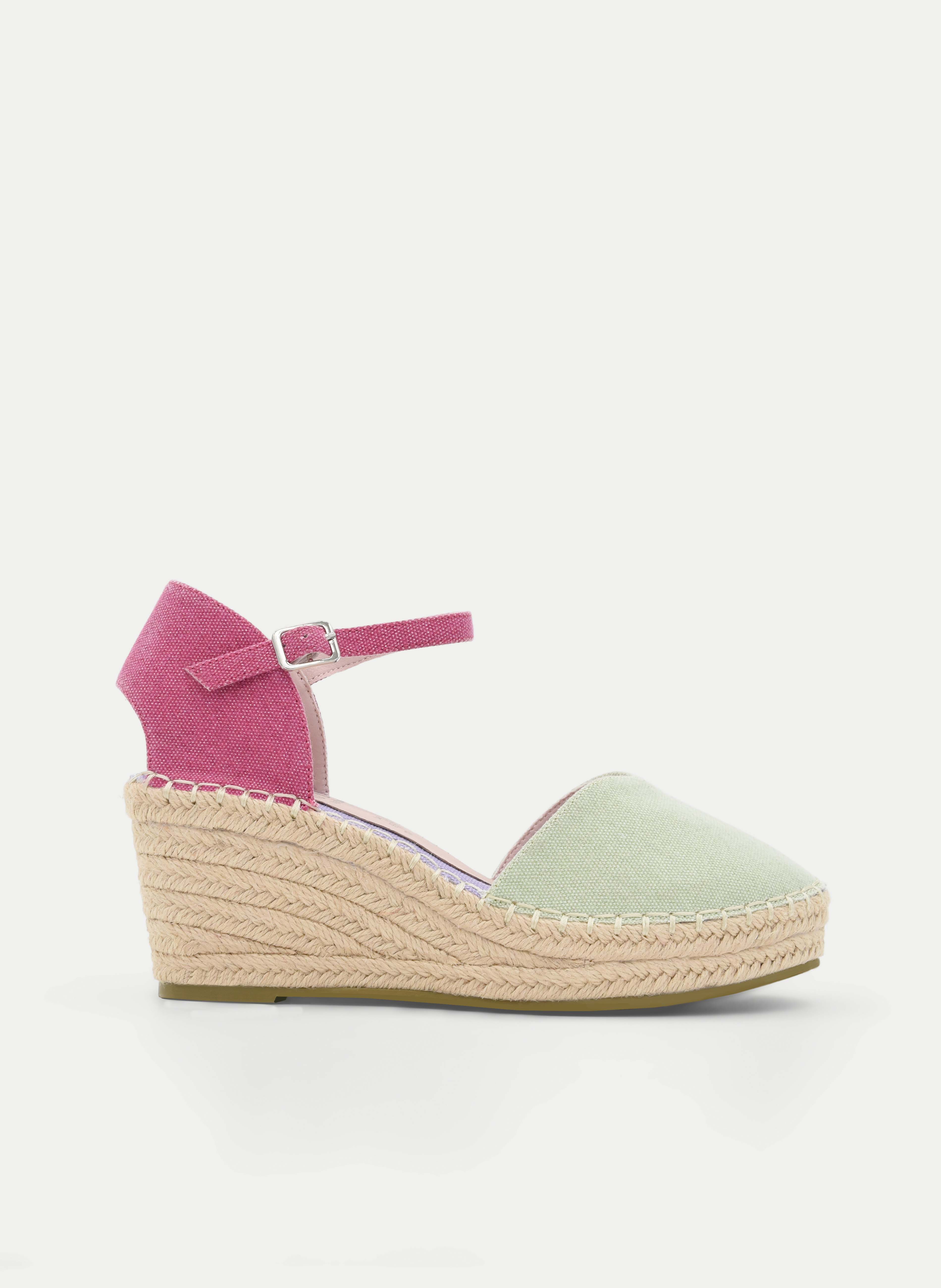 ALPARGATAS DE CUÑA VERDE Y ROSA CON PULSERA AL TOBILLO