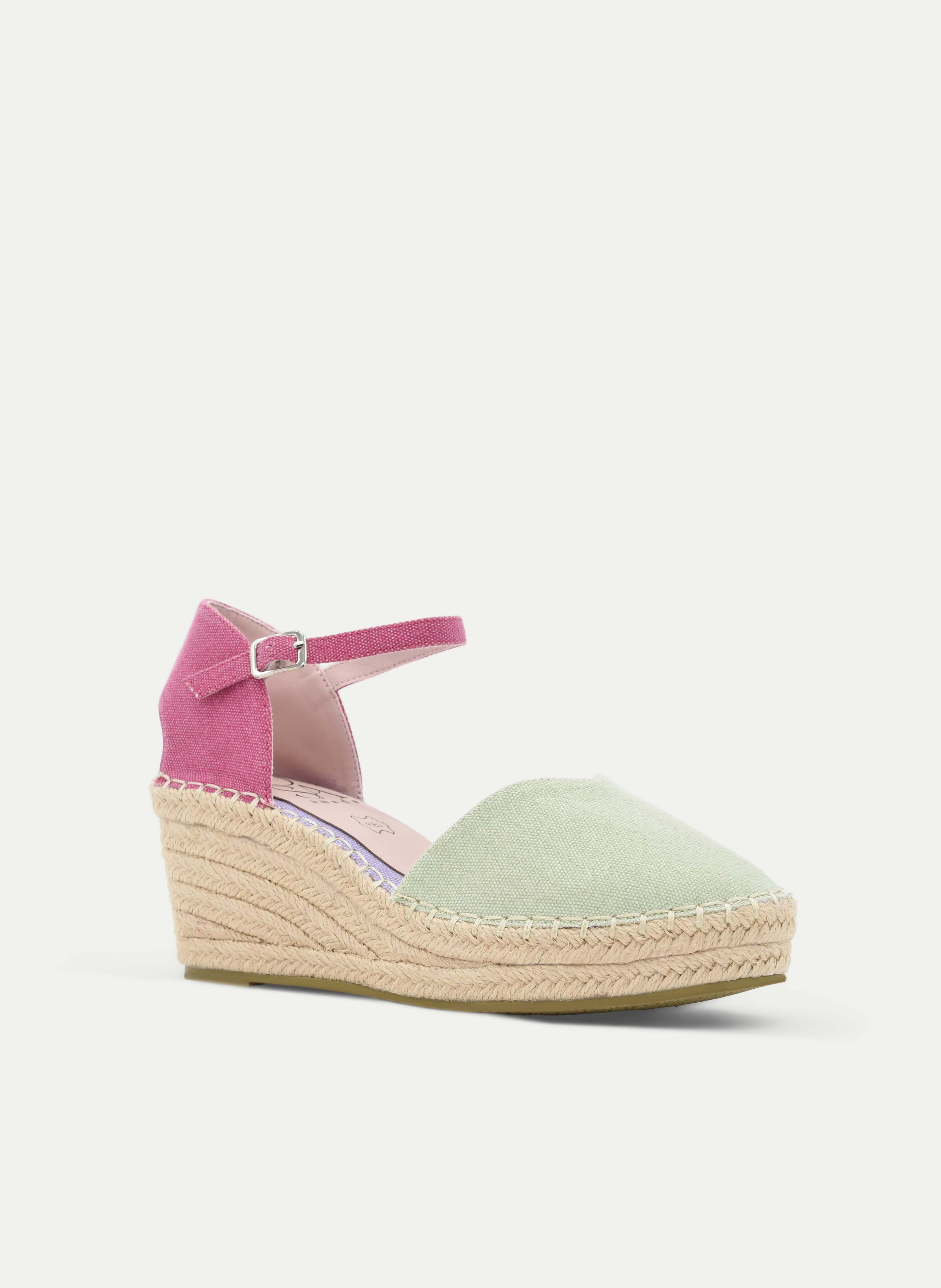 ALPARGATAS DE CUÑA VERDE Y ROSA CON PULSERA AL TOBILLO