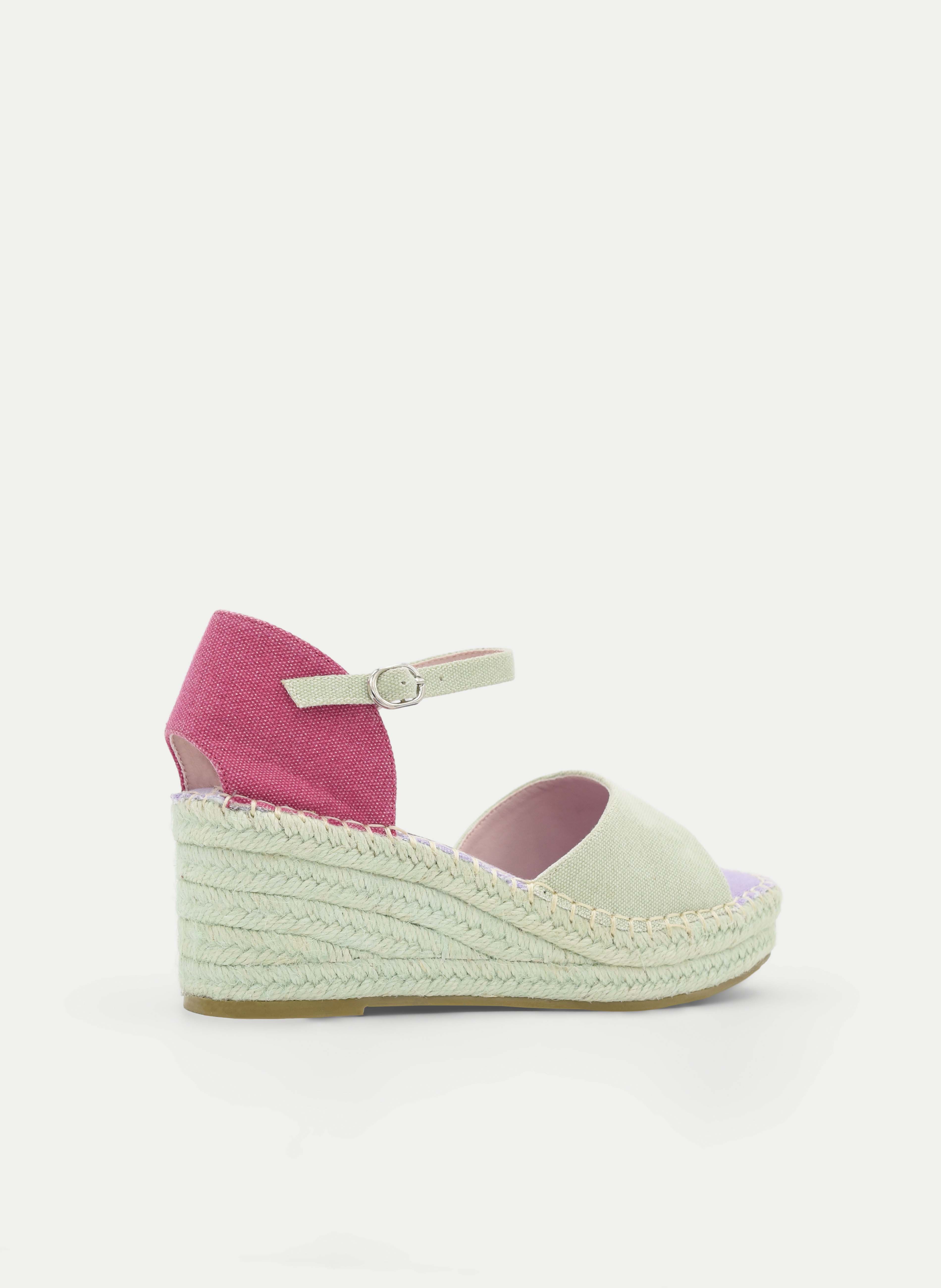 ALPARGATAS DE CUÑA VERDE Y FUCSIA CON HEBILLA