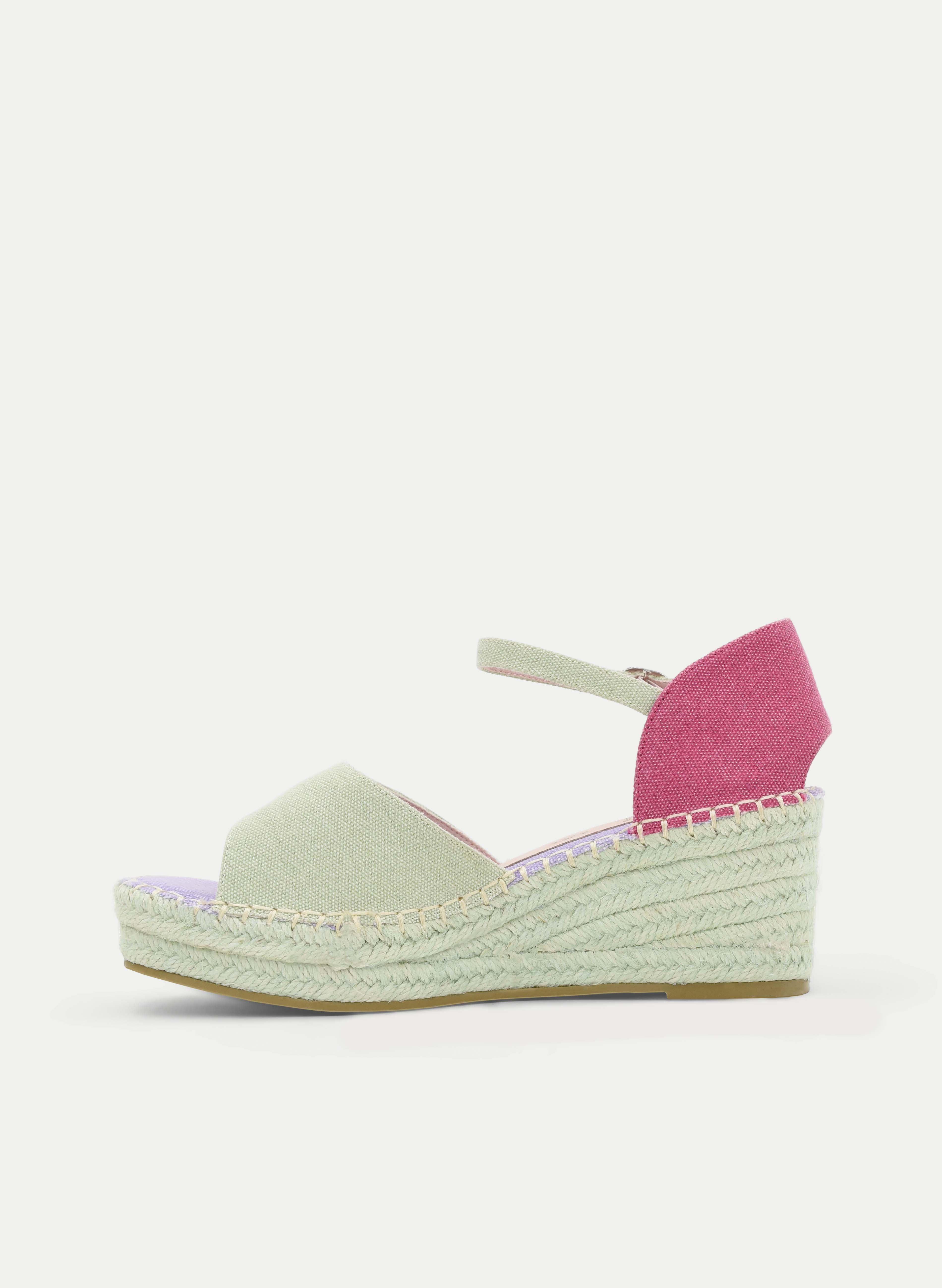 ALPARGATAS DE CUÑA VERDE Y FUCSIA CON HEBILLA
