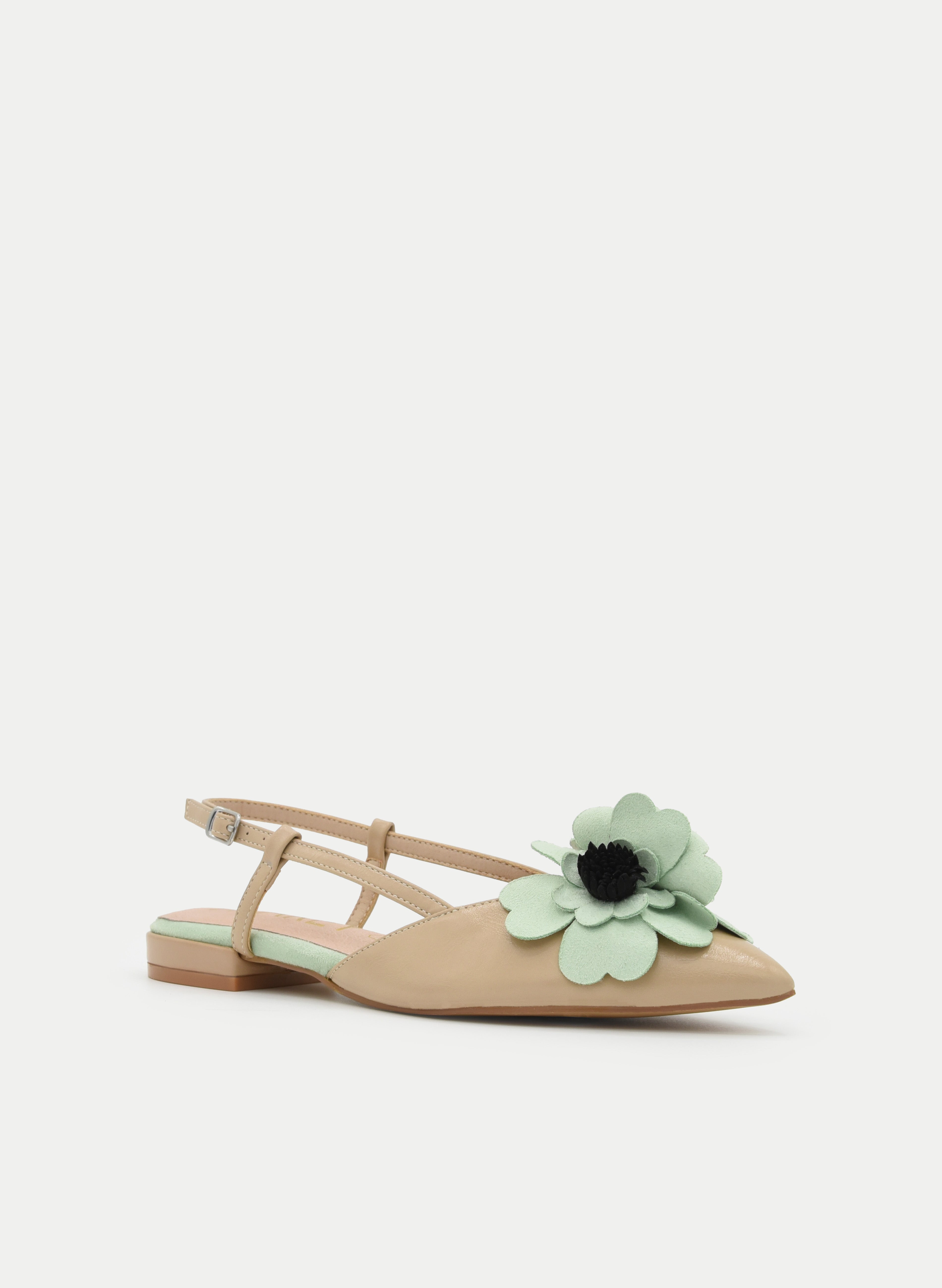 BAILARINA DESTALONADA BEIGE CON FLOR VERDE