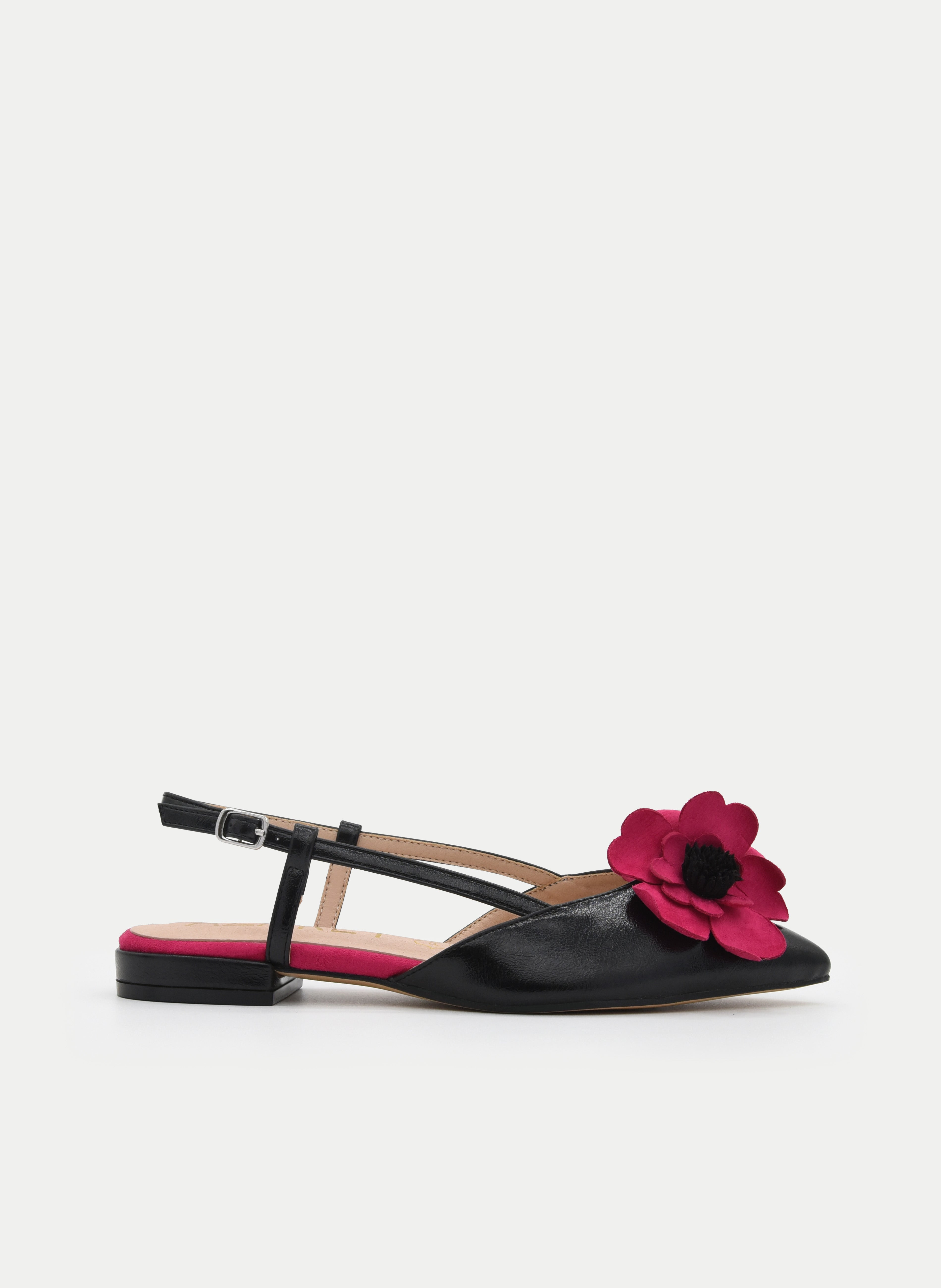 BAILARINA DESTALONADA NEGRA CON FLOR FUCSIA