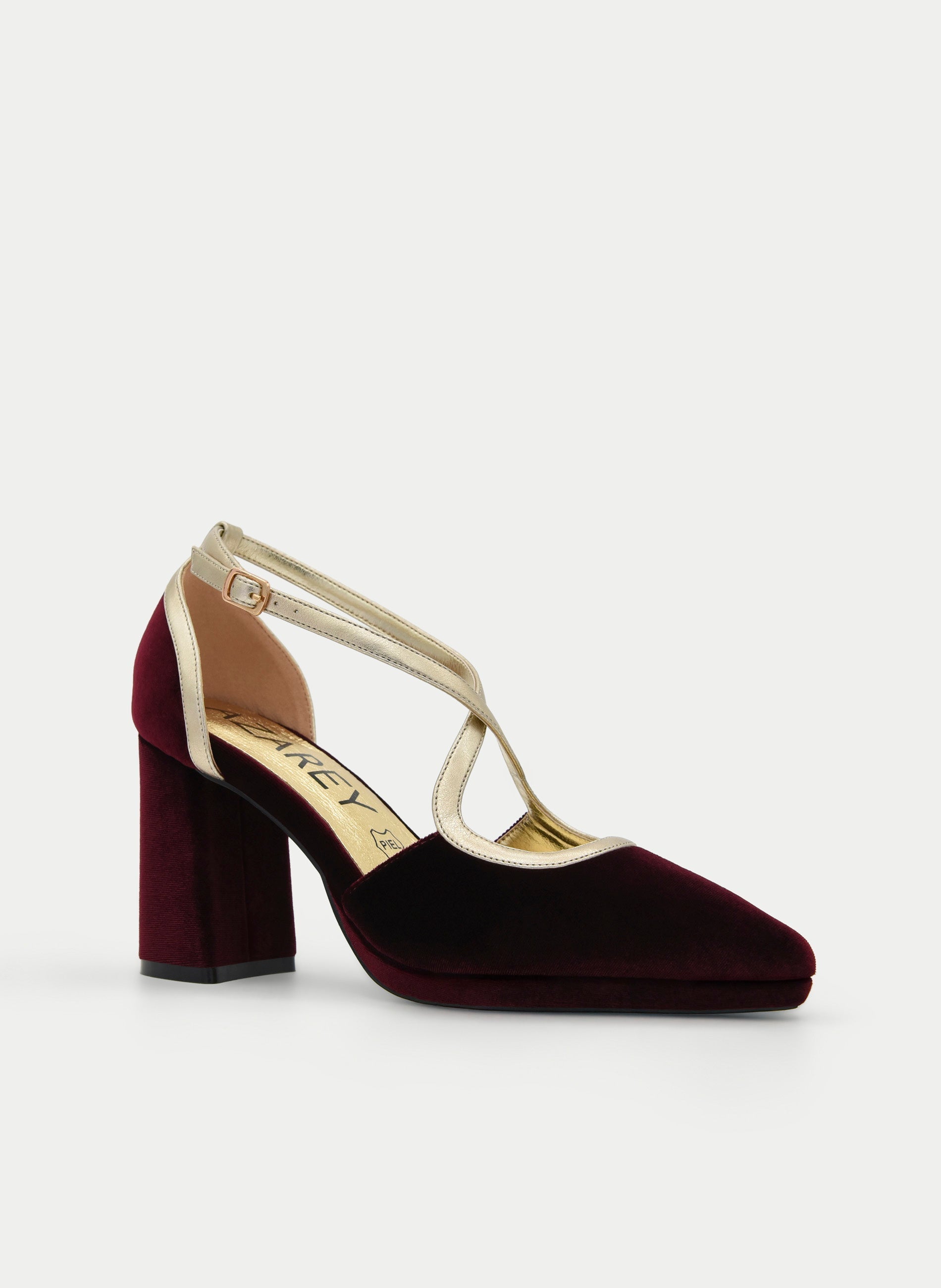 ZAPATO DE TERCIOPELO BURDEOS TACÓN ANCHO TIRA DORADA
