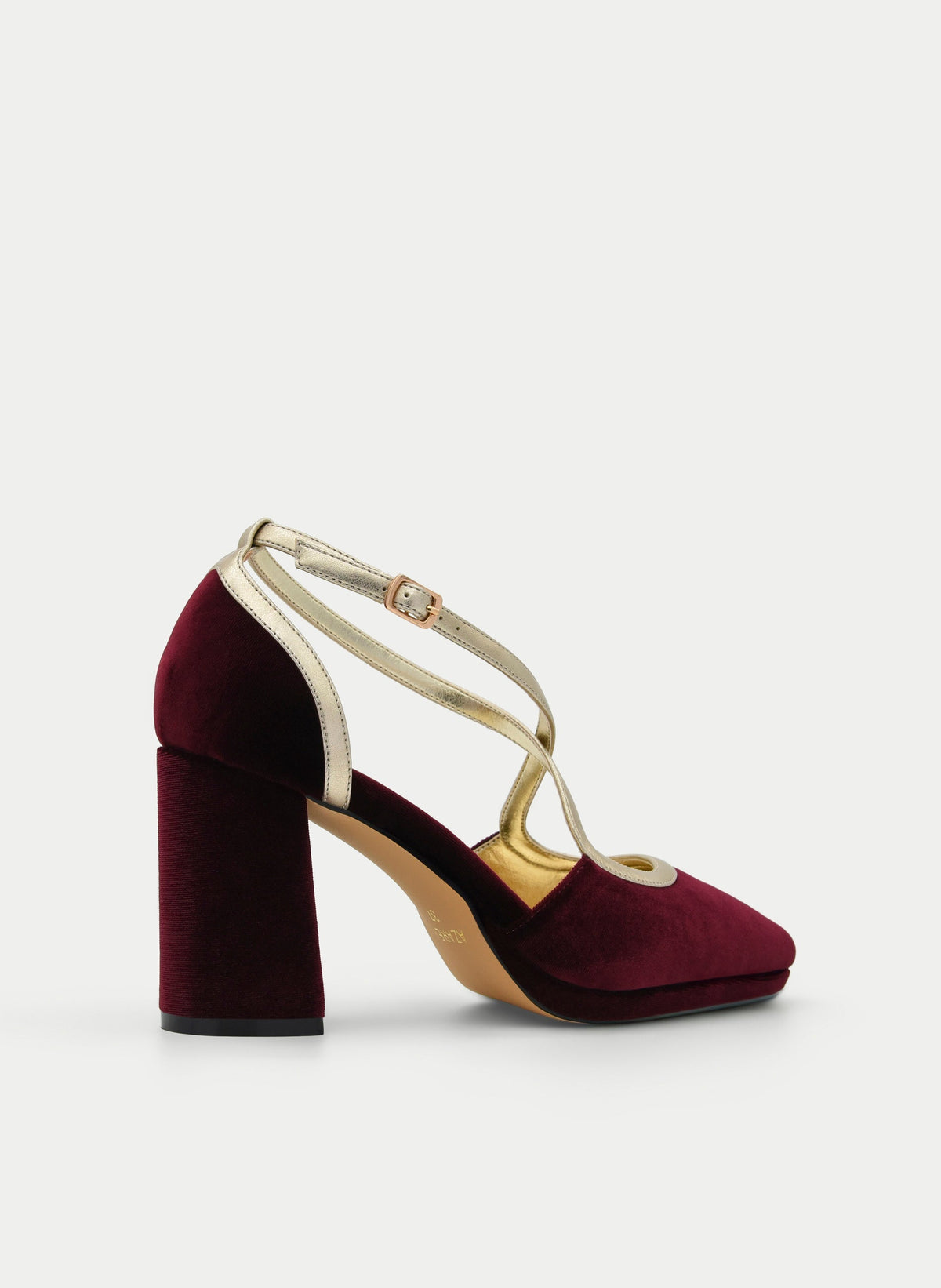 ZAPATO DE TERCIOPELO BURDEOS TACÓN ANCHO TIRA DORADA