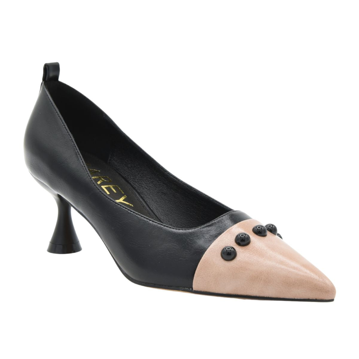 TWO-TONE BLACK COURT SHOE WITH BEIGE TOE AND MEDIUM HEEL