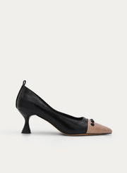 TWO-TONE BLACK COURT SHOE WITH BEIGE TOE AND MEDIUM HEEL