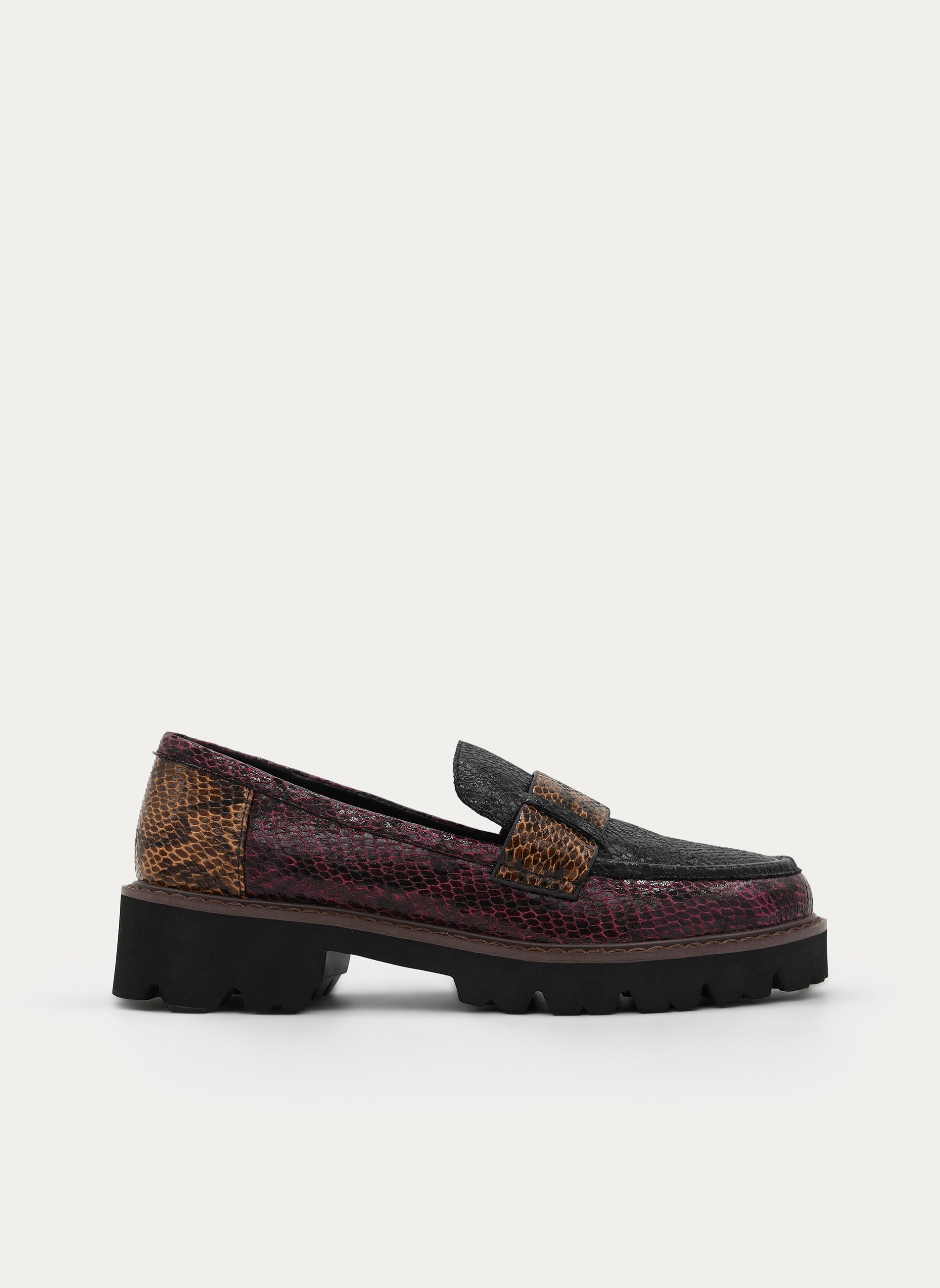 BLACK LOAFERS BURGUNDY ANIMAL PRINT TRACK SOLE