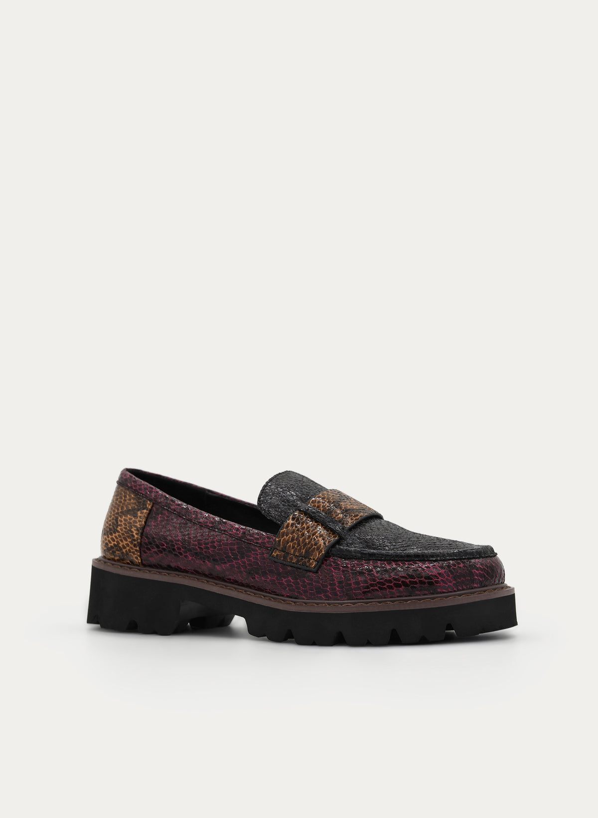 BLACK LOAFERS BURGUNDY ANIMAL PRINT TRACK SOLE