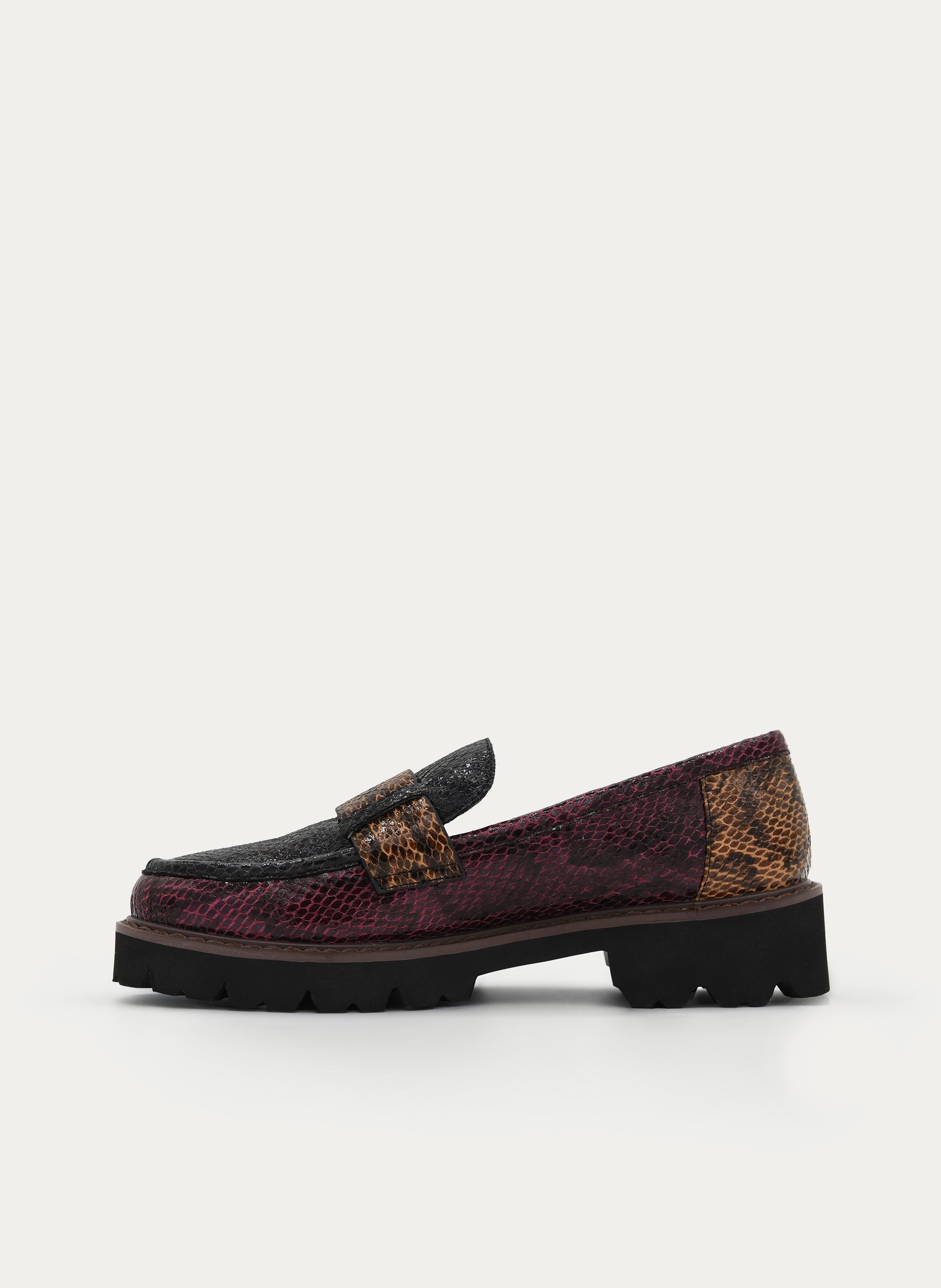 BLACK LOAFERS BURGUNDY ANIMAL PRINT TRACK SOLE