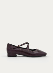 BURGUNDY STUDDED LOW-HEEL MARY JANE SHOE