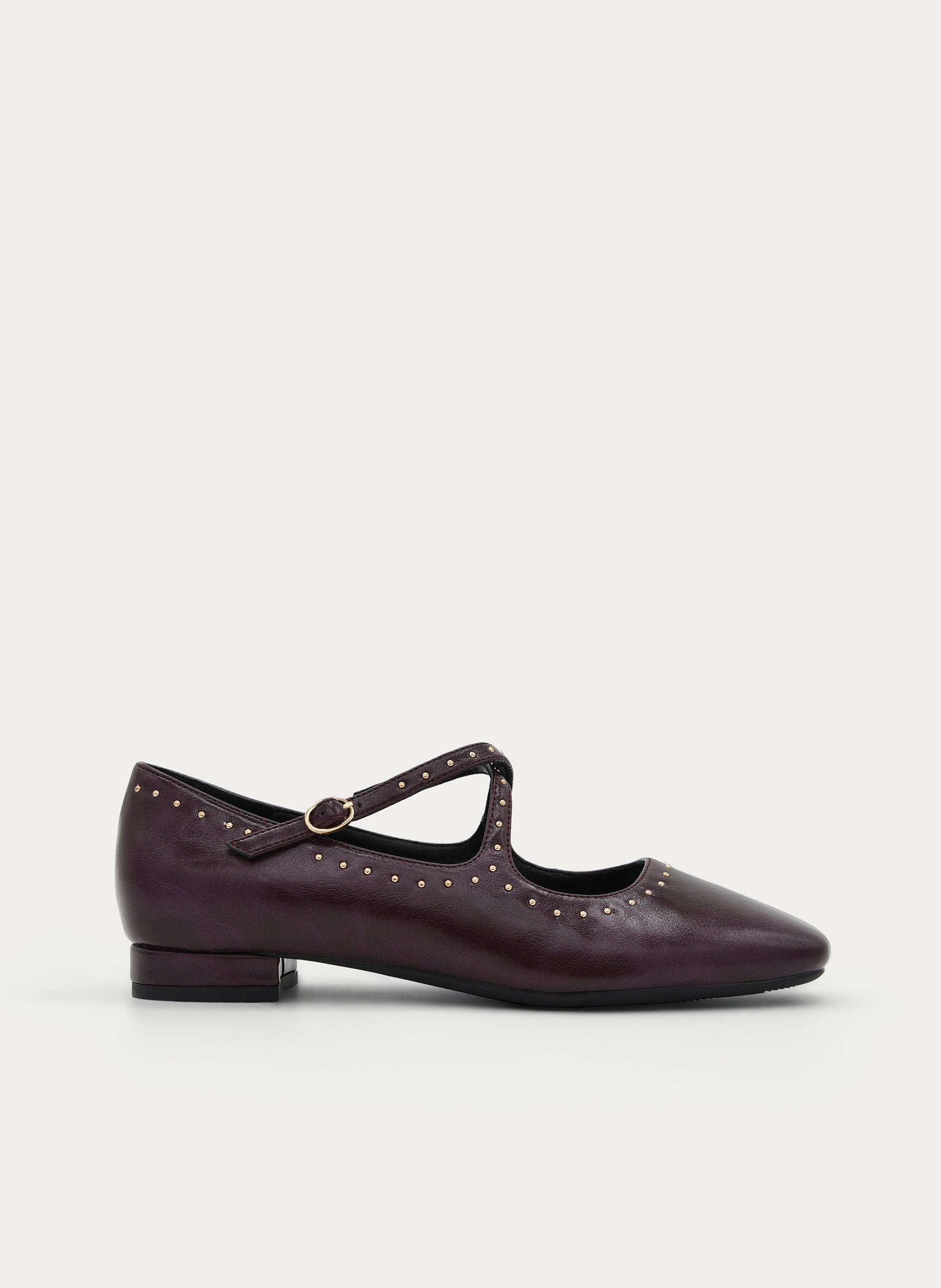 BURGUNDY STUDDED LOW-HEEL MARY JANE SHOE