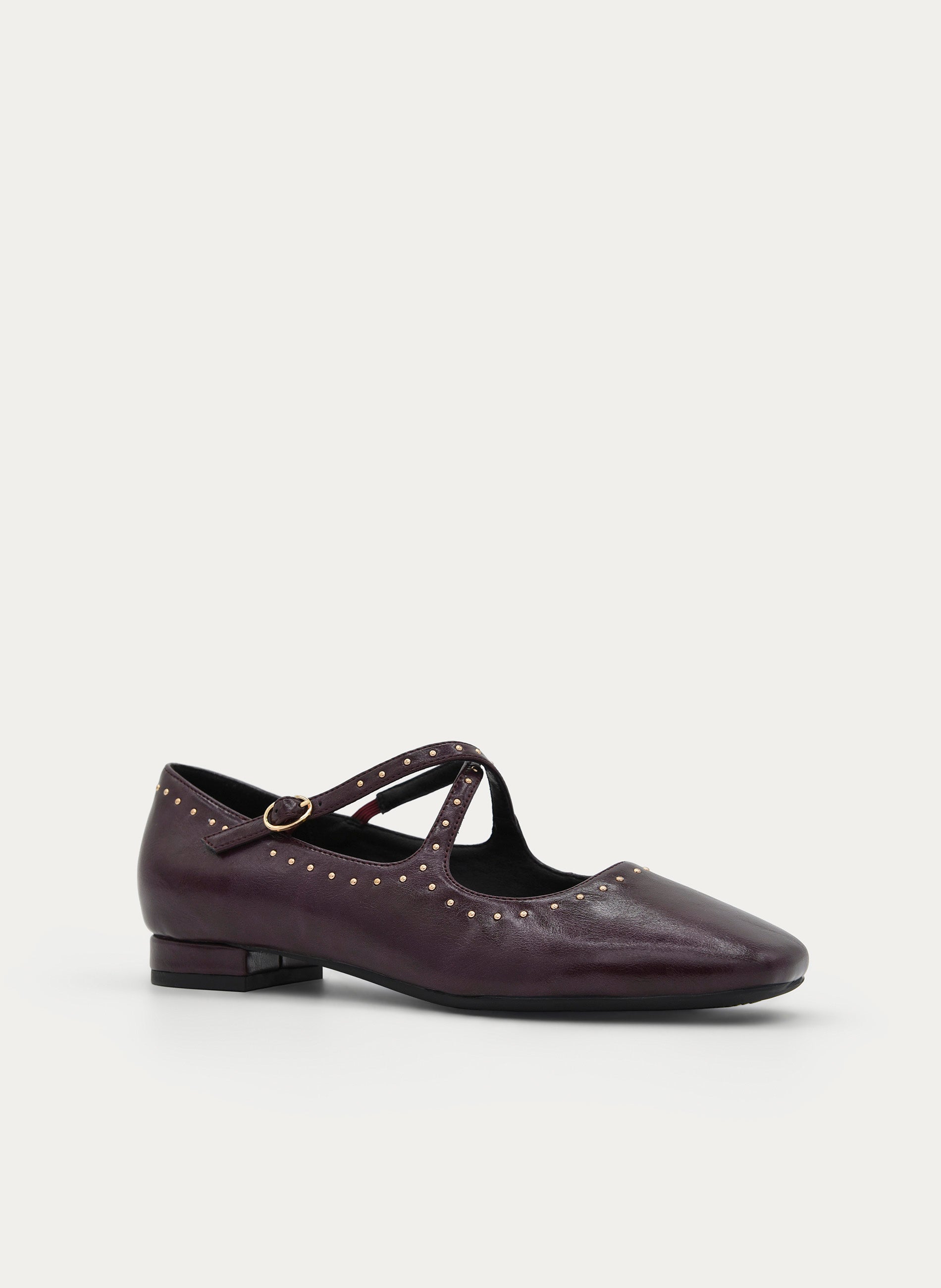 BURGUNDY STUDDED LOW-HEEL MARY JANE SHOE