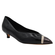 BLACK COURT SHOE METALLIC TOE CAP LOW HEEL