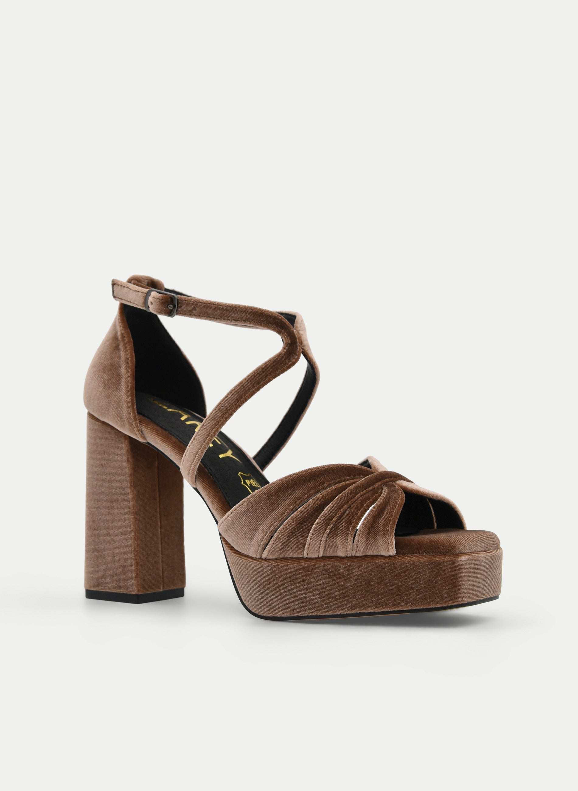 SANDALIA TAUPE DE TERCIOPELO CON TACÓN ANCHO Y PLATAFORMA