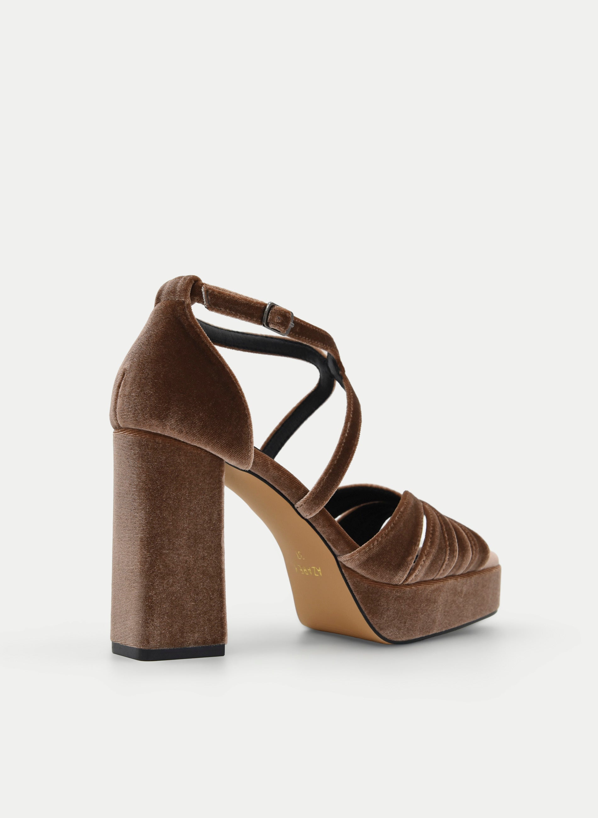 SANDALIA TAUPE DE TERCIOPELO CON TACÓN ANCHO Y PLATAFORMA