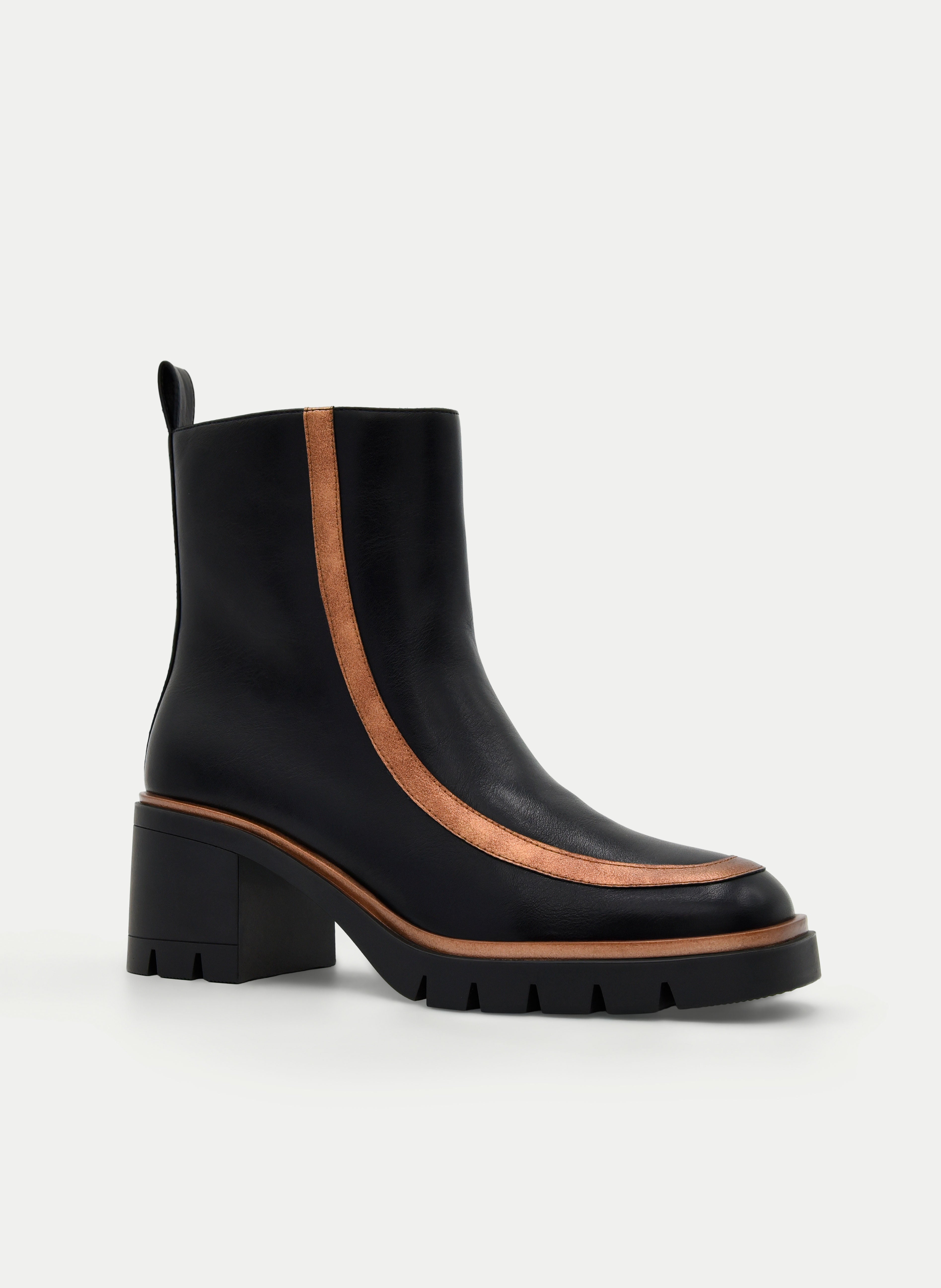 BLACK ANKLE BOOT WITH COPPER DETAIL AND BLOCK HEEL