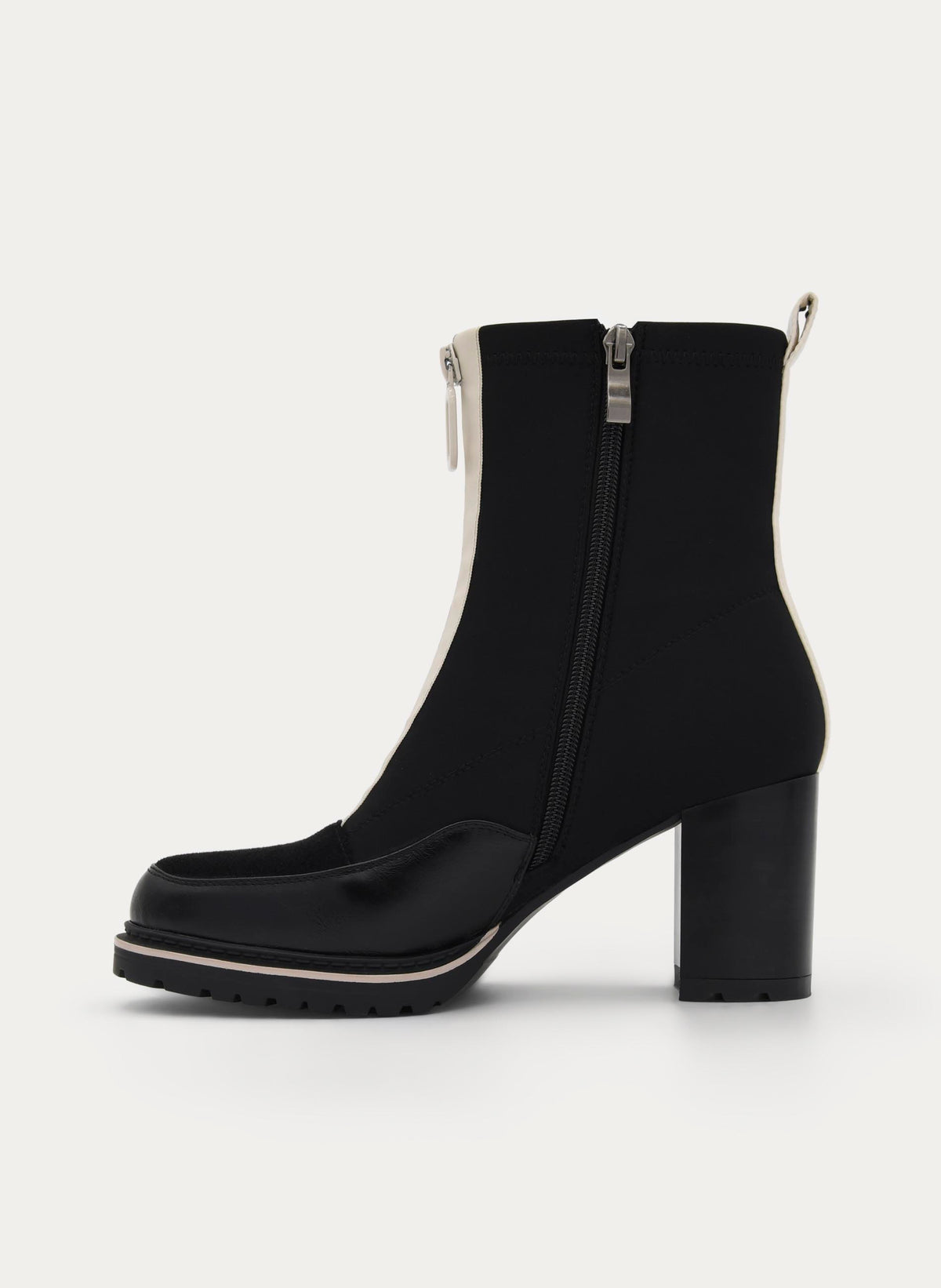 BLACK HIGH-HEEL CONTRAST ZIP ANKLE BOOT