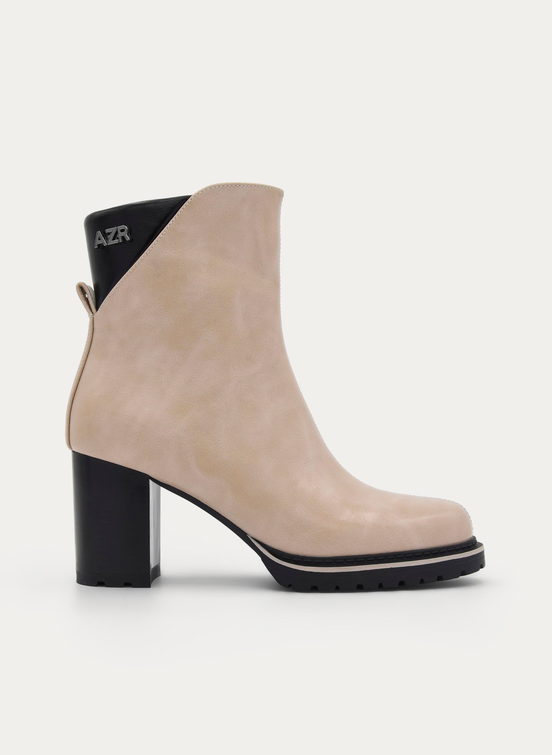 BEIGE BLOCK HEEL ANKLE BOOTS WITH ZIP