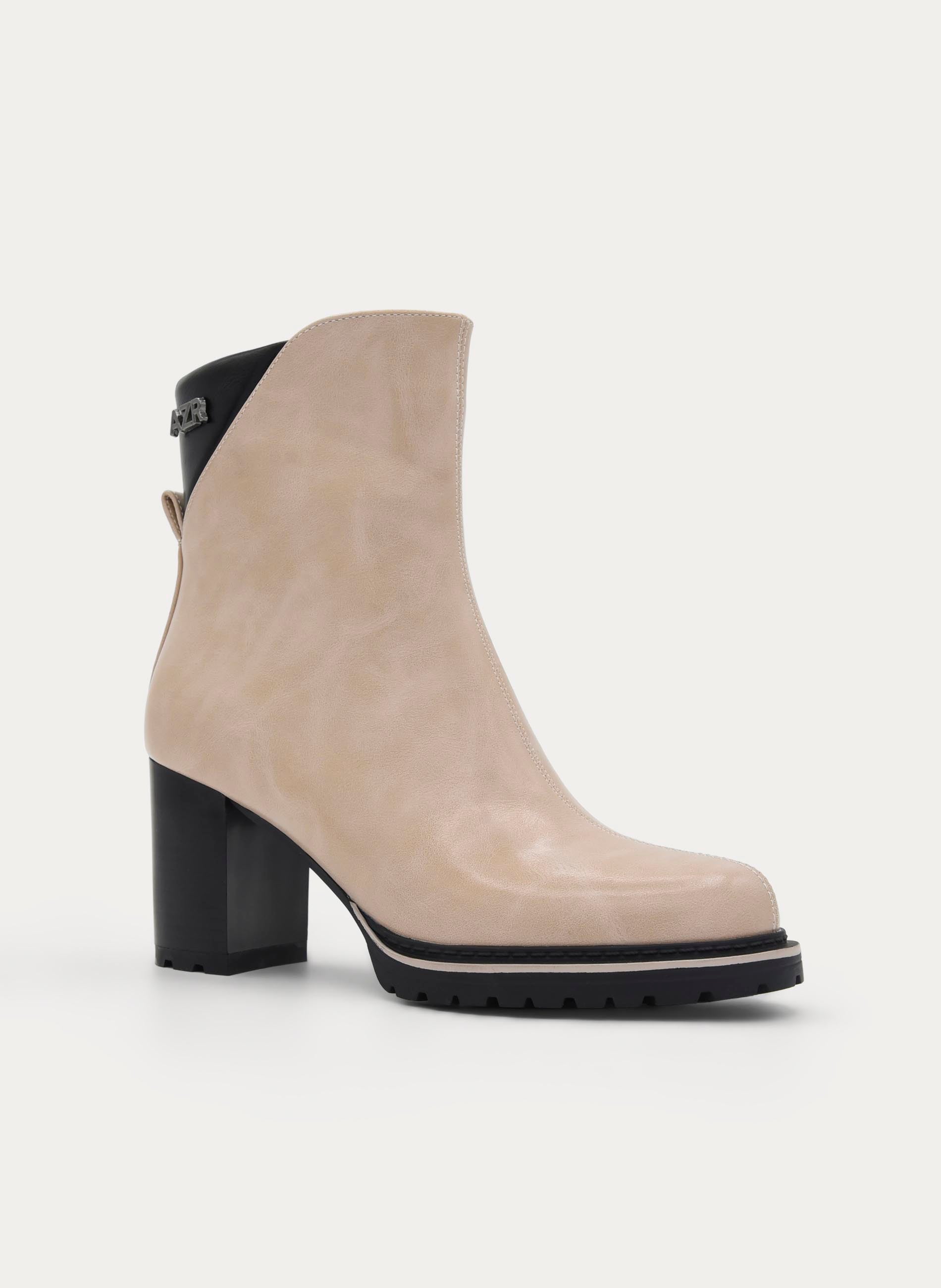 BEIGE BLOCK HEEL ANKLE BOOTS WITH ZIP