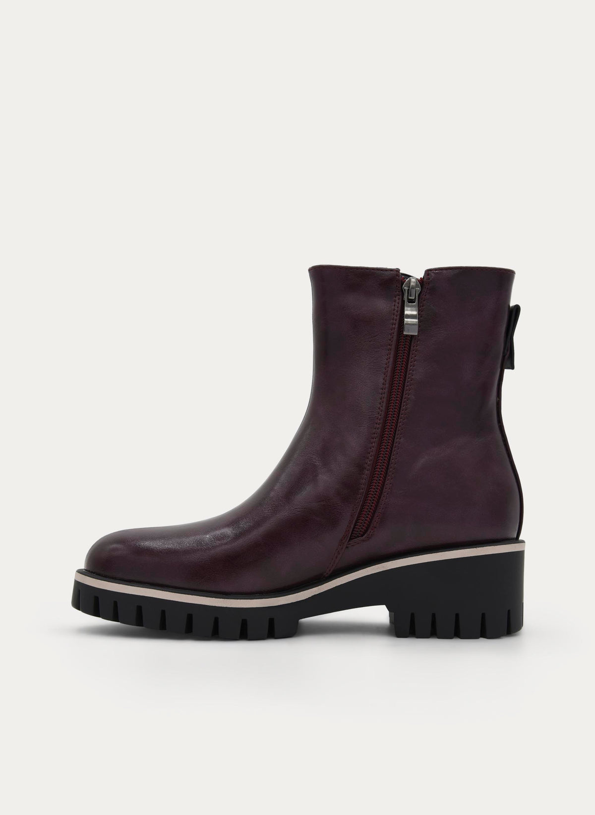 BURGUNDY ANKLE BOOTS TRACK SOLE SIDE ZIP